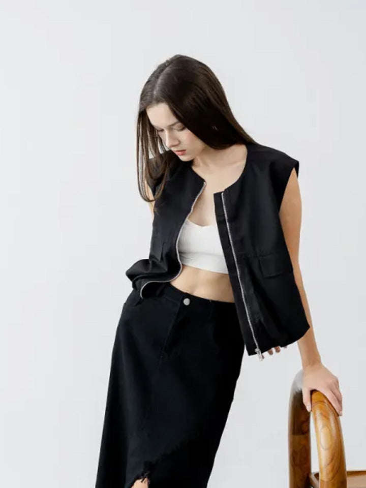 Grethel Zipper Crop Black Top - 187204