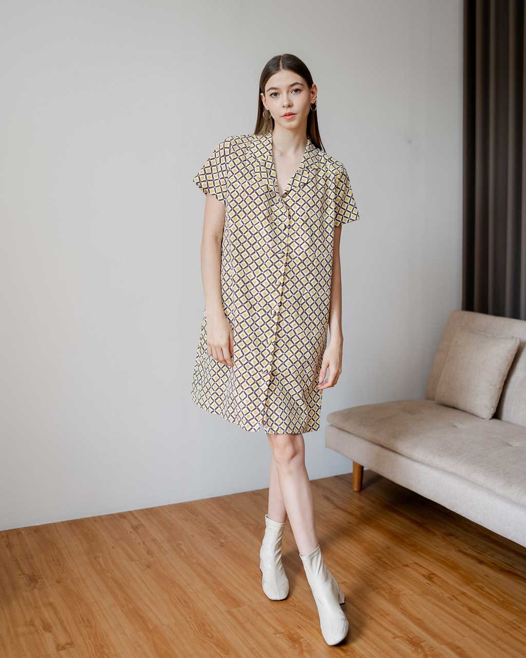 Stevy Printed Oversized Collar Brown Dress – 788324