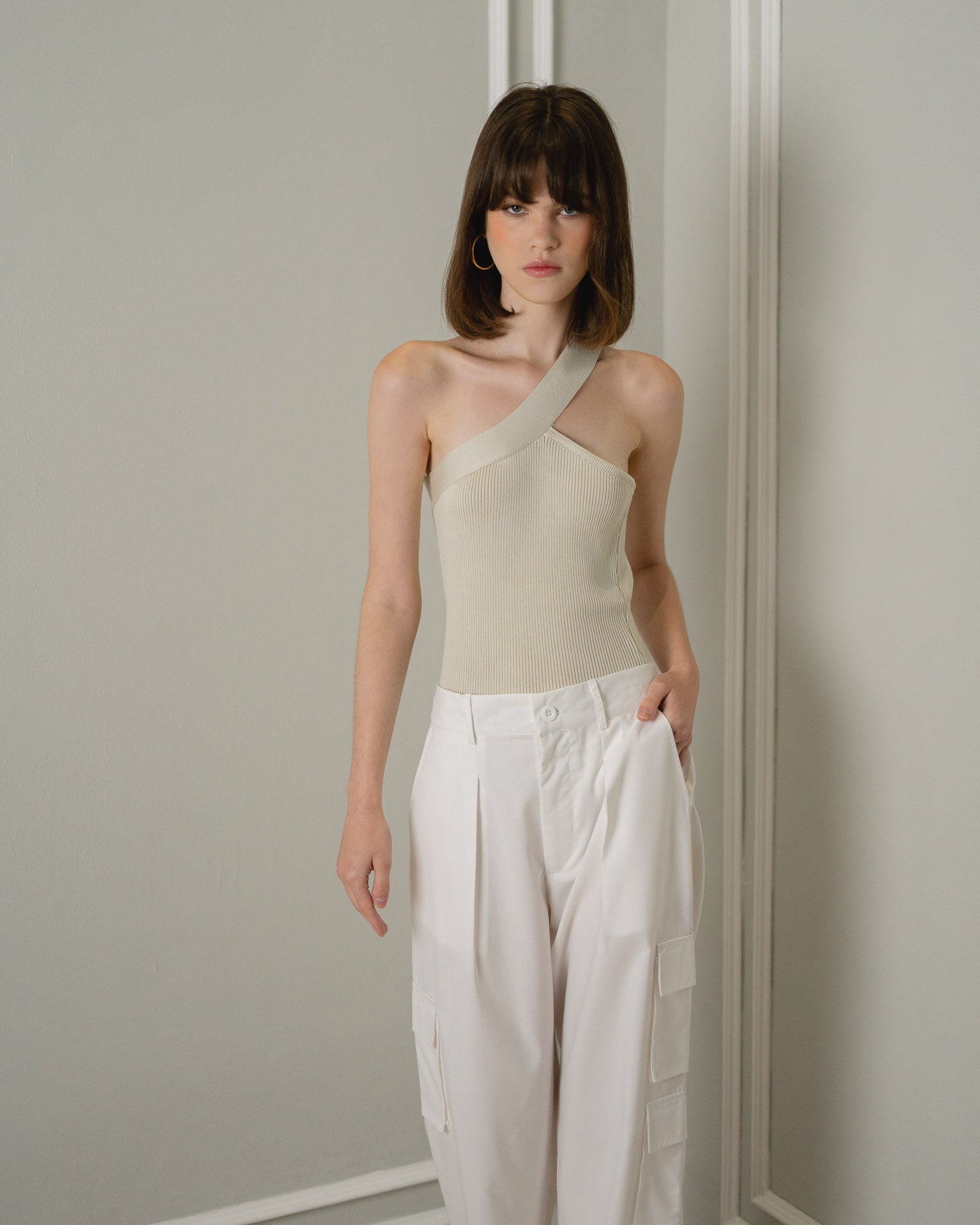 Emsley Cross One Shoulder Ivory Tank Top - 185361