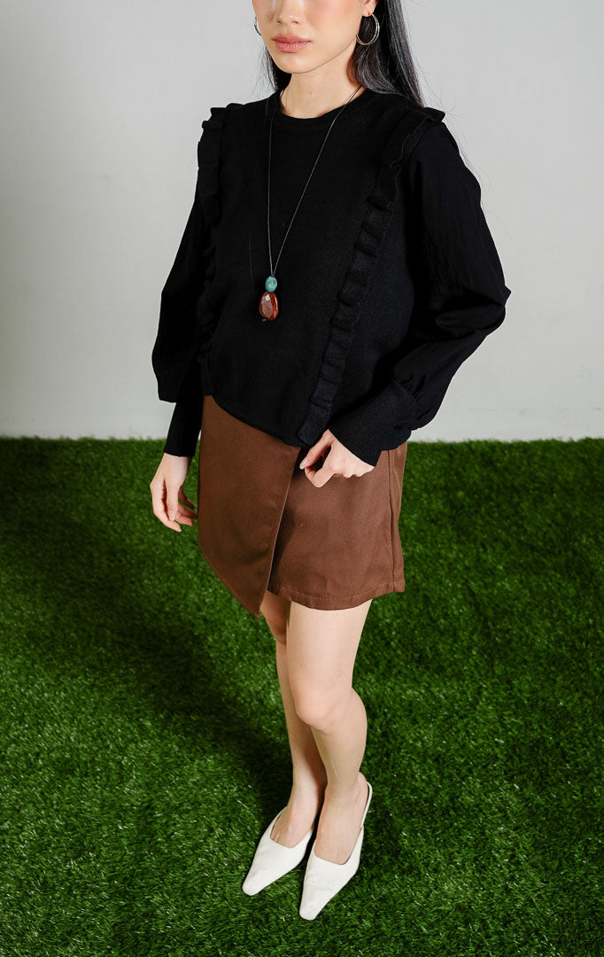 Romulus Tuxedo Ruffle Trim Knit Sweater warna black, baju sweter rajut lengan panjang balon wanita warna hitam dengan detail rumbai kerut vertikal depan dari This Is April.