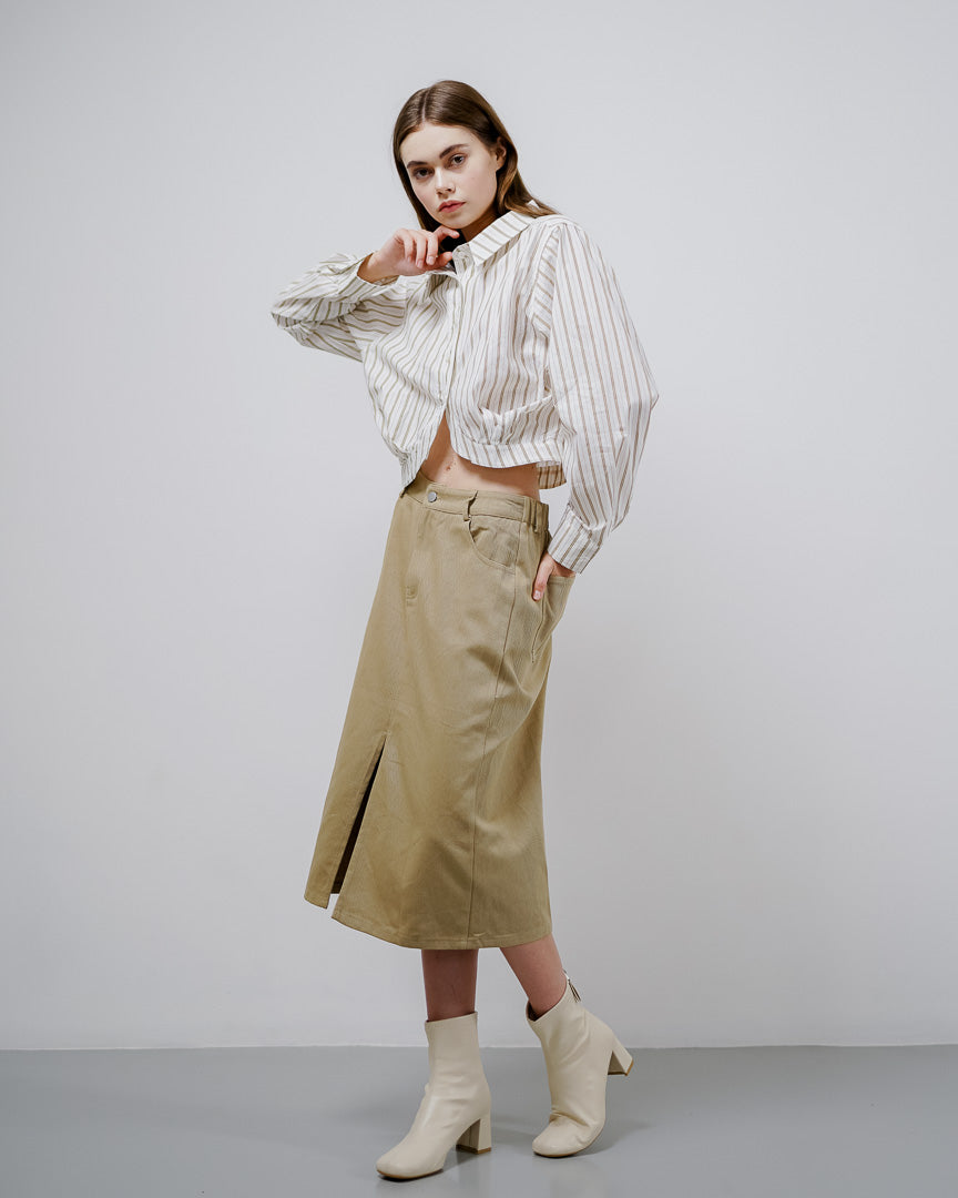 Michelle Striped Crop Brown Shirt – Baju Atasan Kemeja Wanita Casual - 189707