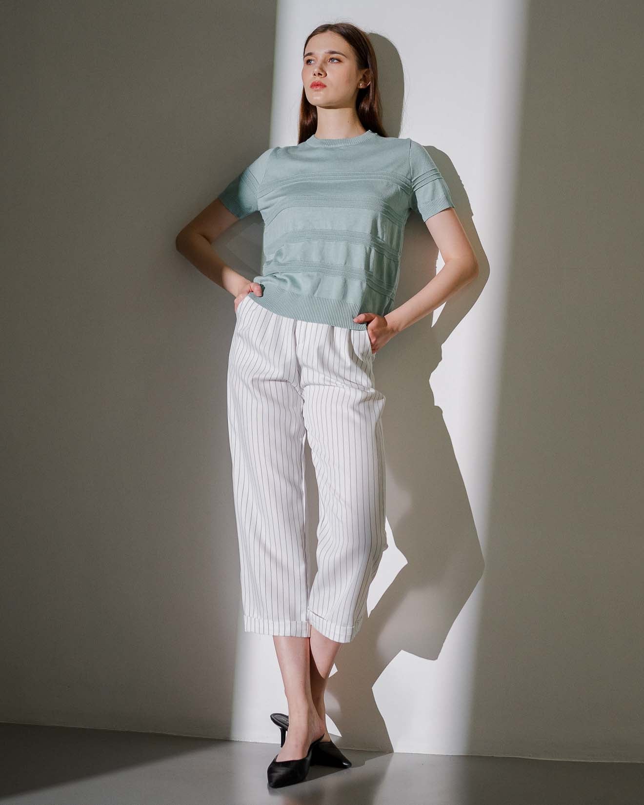 Naomi Knit Textured Blue Top – Atasan Wanita Lengan Pendek -189366