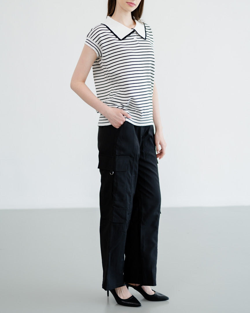 Ria Collar Stripped Knit White Top - Atasan Rajut Wanita Lengan Pendek - 189434