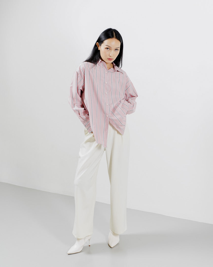 Flyn Oversized Striped Pink Shirt – Kemeja Wanita Lengan Panjang