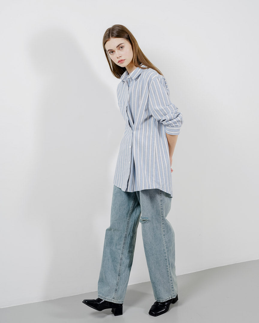Almita Textured Striped Blue Shirt – Kemeja Casual Wanita Lengan Panjang - 189964