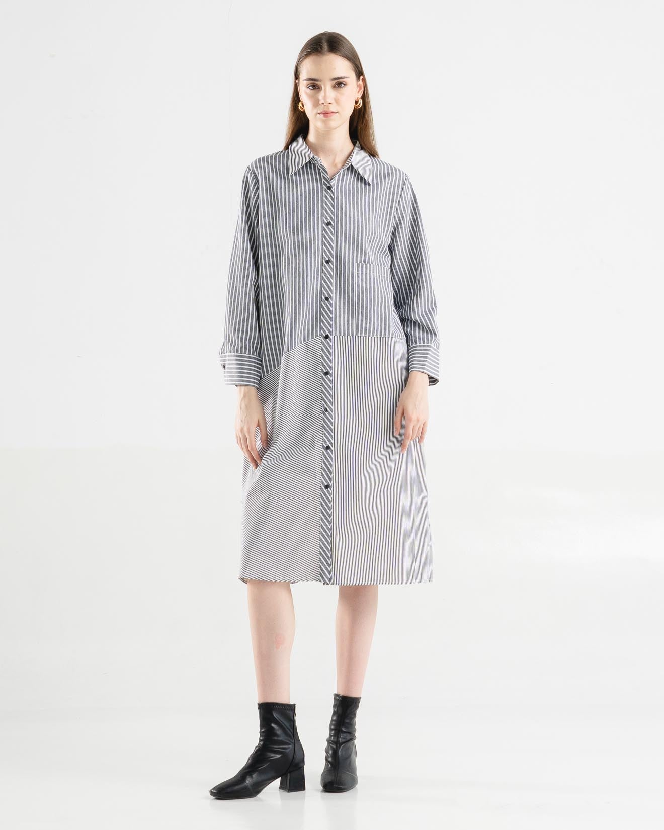Josephine Stripped Grey Dress – Casual Gaun Wanita - 788304