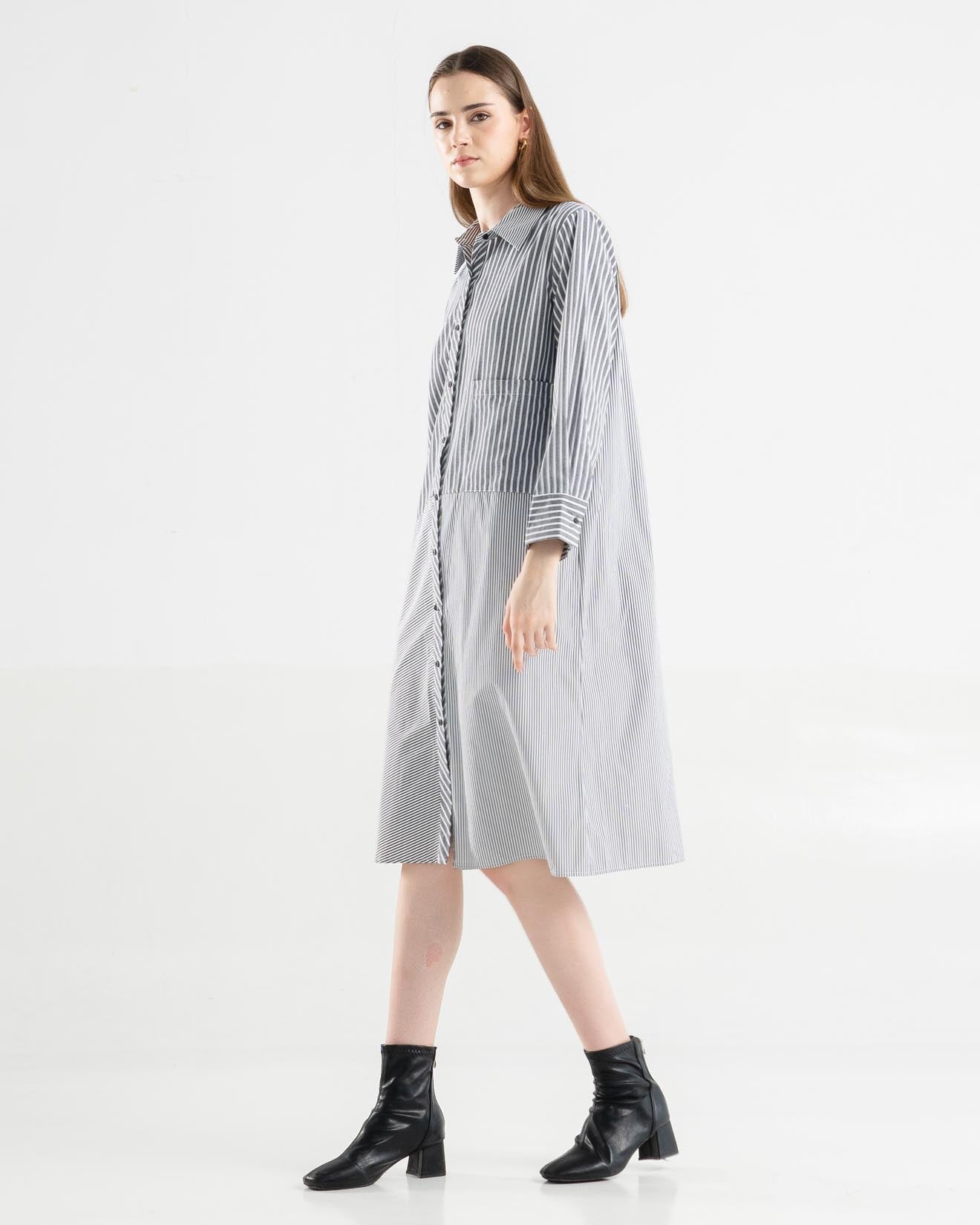 Josephine Stripped Grey Dress – Casual Gaun Wanita - 788304