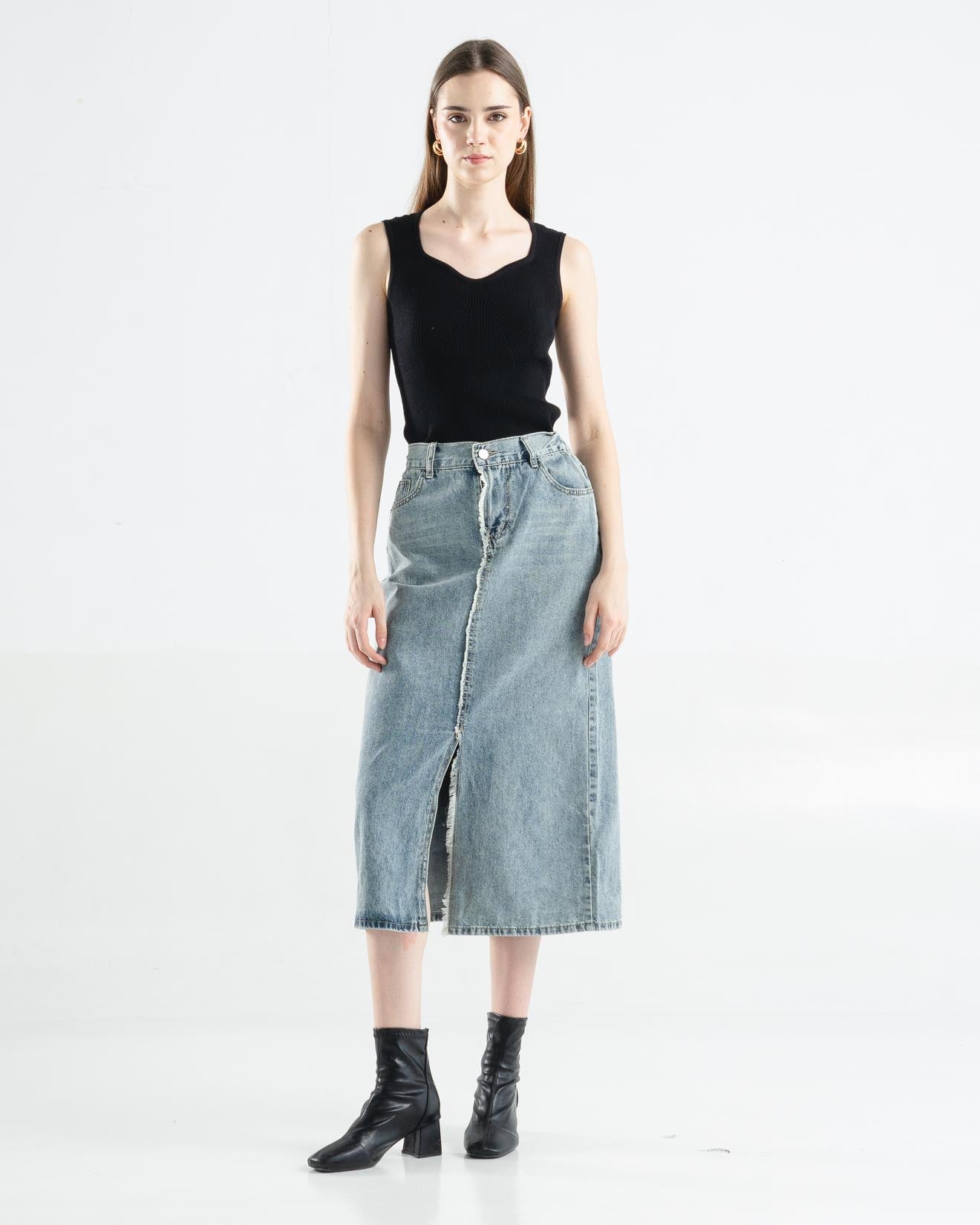 Delaney A-Line Fringe Slit Denim Skirt – Rok Wanita - 288802