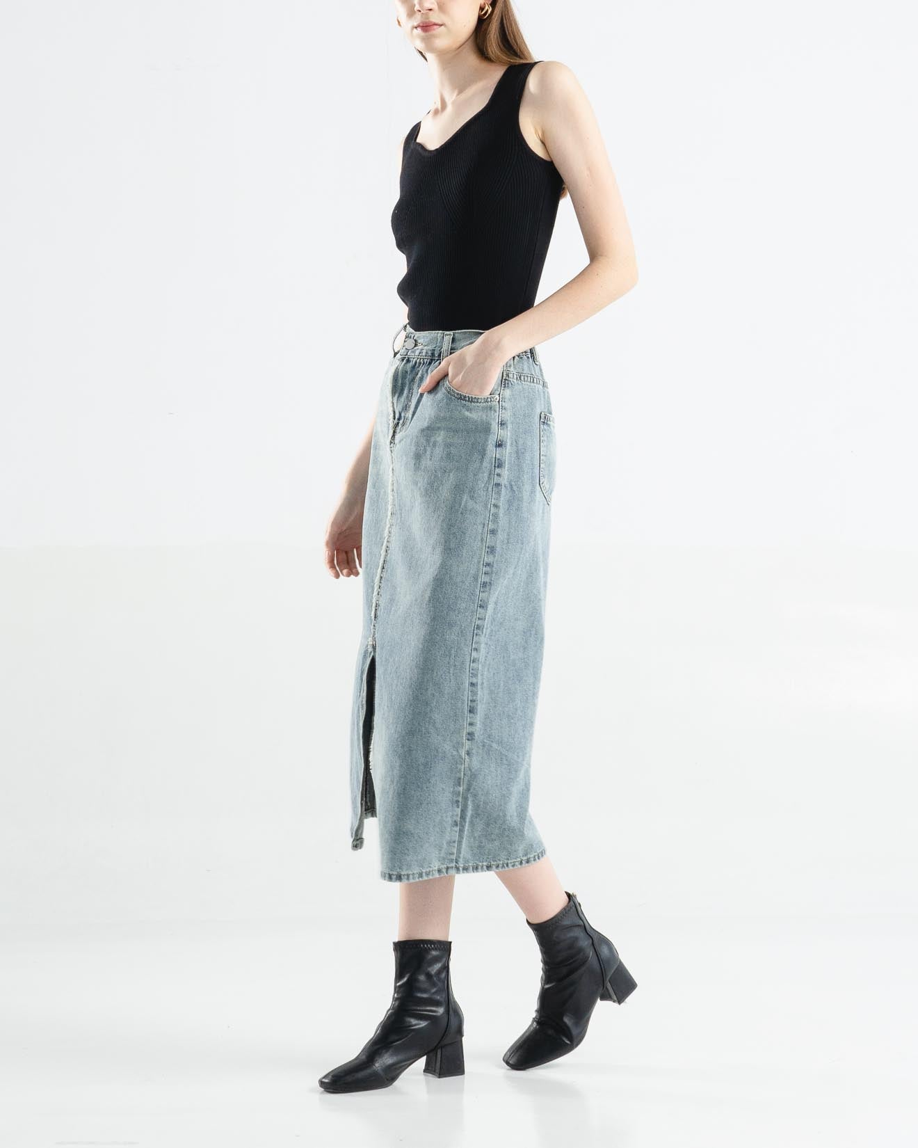 Delaney A-Line Fringe Slit Denim Skirt – Rok Wanita - 288802