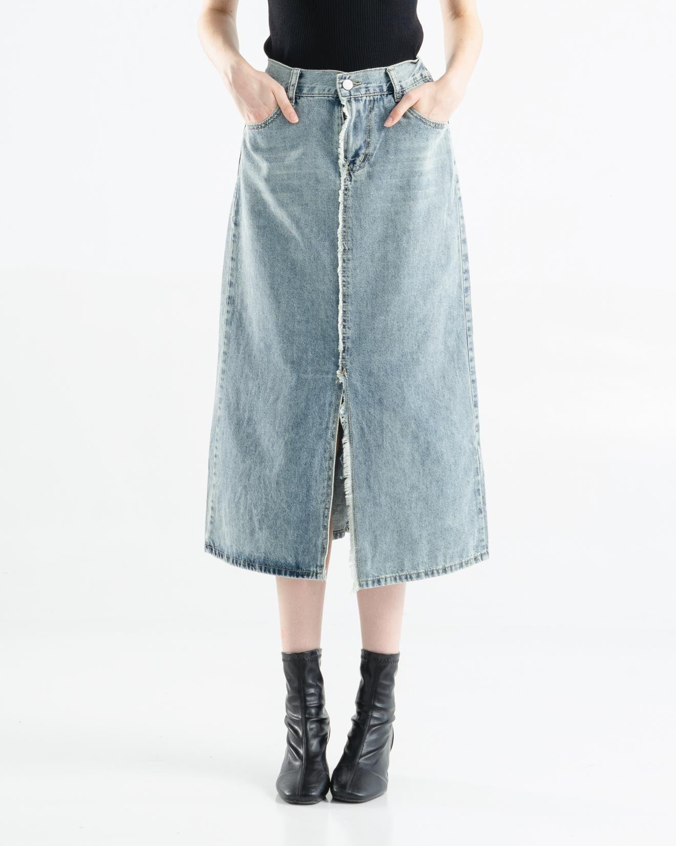 Delaney A-Line Fringe Slit Denim Skirt – Rok Wanita - 288802