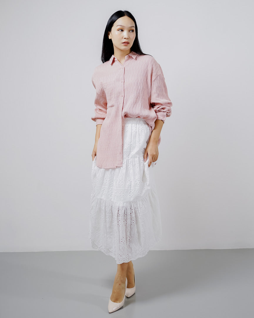 Carmen Textured Pleats Pink Shirt – Baju Atasan Kemeja Wanita