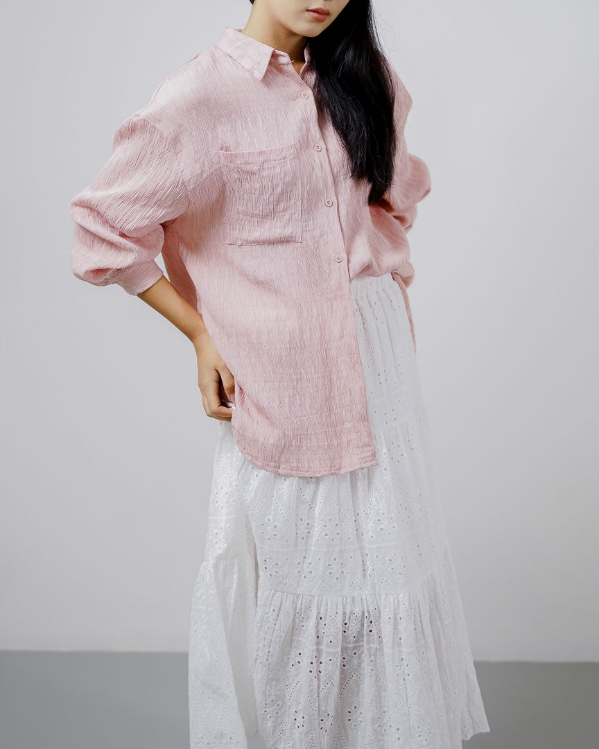 Carmen Textured Pleats Pink Shirt – Baju Atasan Kemeja Wanita