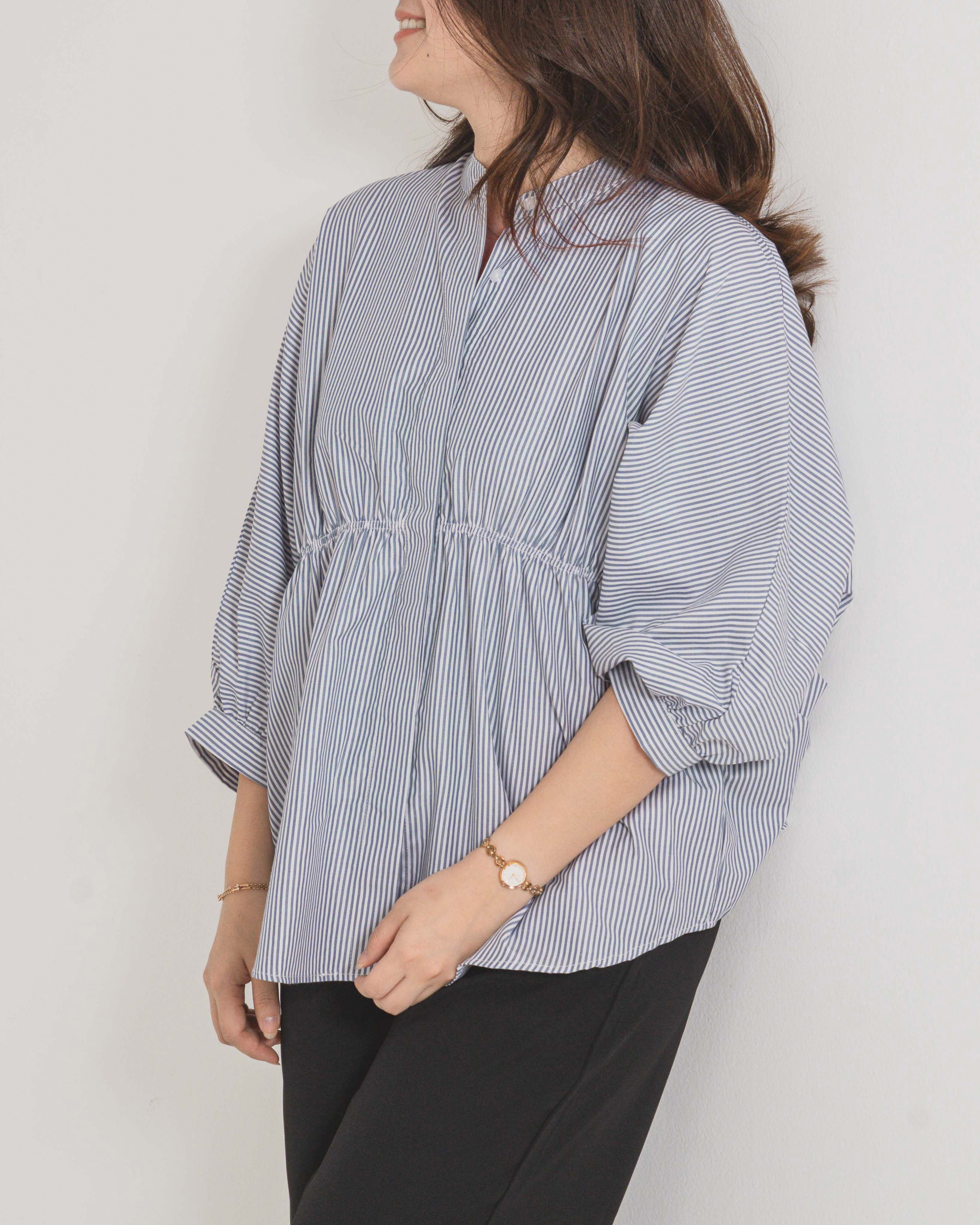 Ginera Stripe Top Blue – Atasan Wanita Lengan Panjang Hijab Friendly