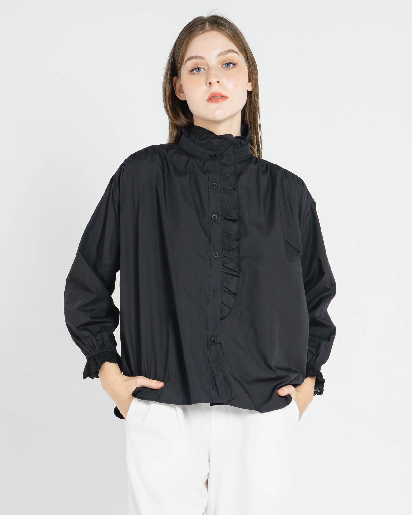Lena Ruffle Black Blouse – Atasan Casual Wanita - 188965