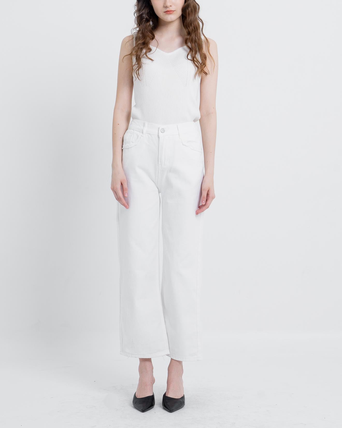 Ello Wide Leg Pants White Denim - Celana Casual - 289804