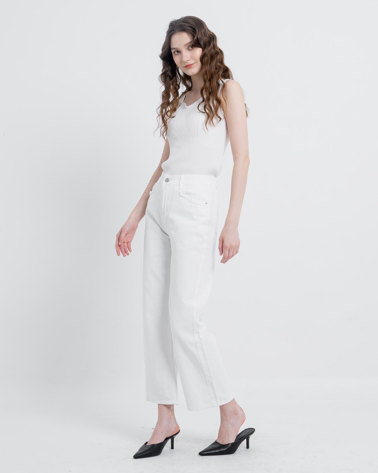 Ello Wide Leg Pants White Denim - Celana Casual - 289804