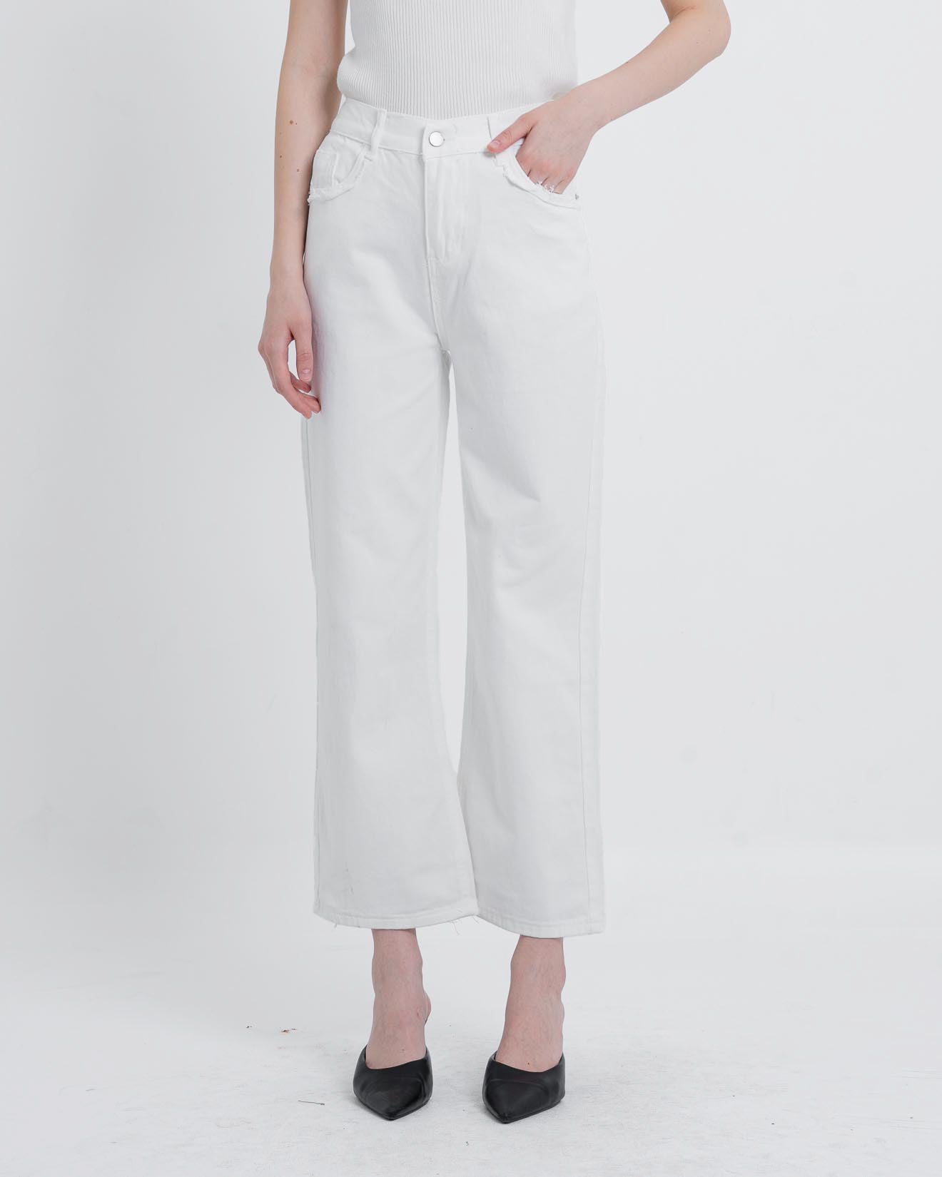 Ello Wide Leg Pants White Denim - Celana Casual - 289804