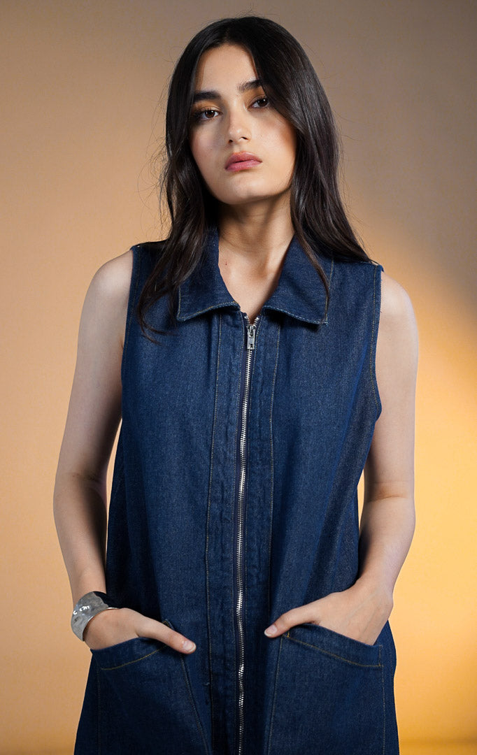 Anderson Zip Up Denim Mini Dress Jeans Wanita Resleting Depan