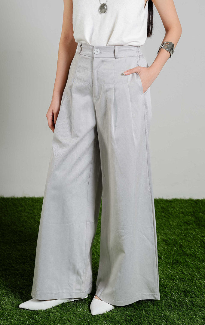 Fallon Panel Stitch Tailored Pants warna light grey, celana panjang kulot wanita model high waist warna abu-abu muda dari This Is April.