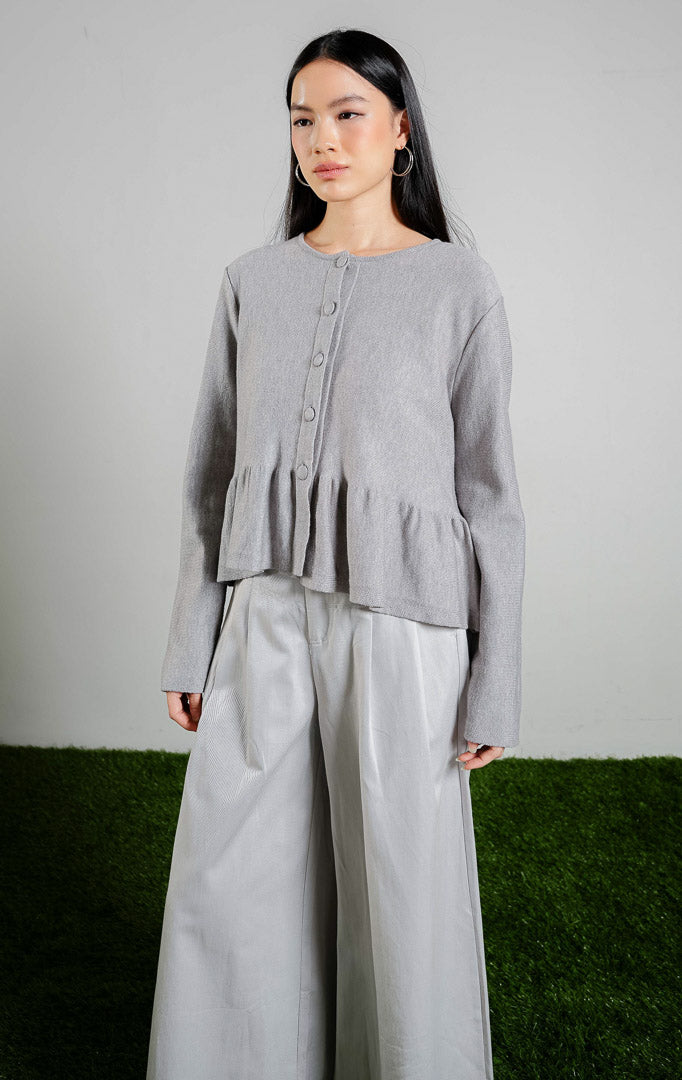 Keeley Peplum Knit Cardigan warna grey, baju kardigan rajut lengan panjang wanita model peplum warna abu-abu dari This Is April.