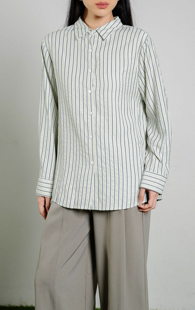 Alexandria Seersucker Striped Button-Up Shirt Top warna light green, kemeja lengan panjang wanita motif garis hijau putih bahan katun crinkle seersucker dari This Is April.