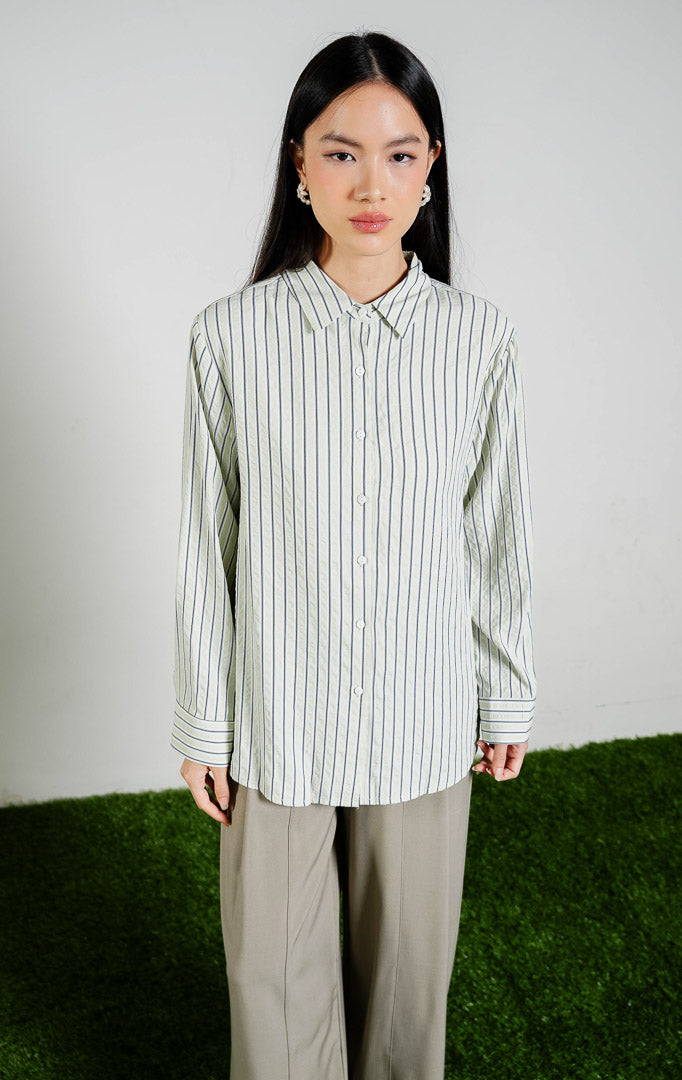 Alexandria Seersucker Striped Button-Up Shirt Top warna light green, kemeja lengan panjang wanita motif garis hijau putih bahan katun crinkle seersucker dari This Is April.