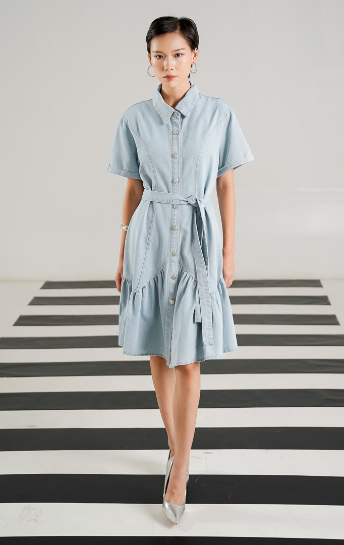 Eunae Belted Denim Dress Light Blue Dress Wanita
