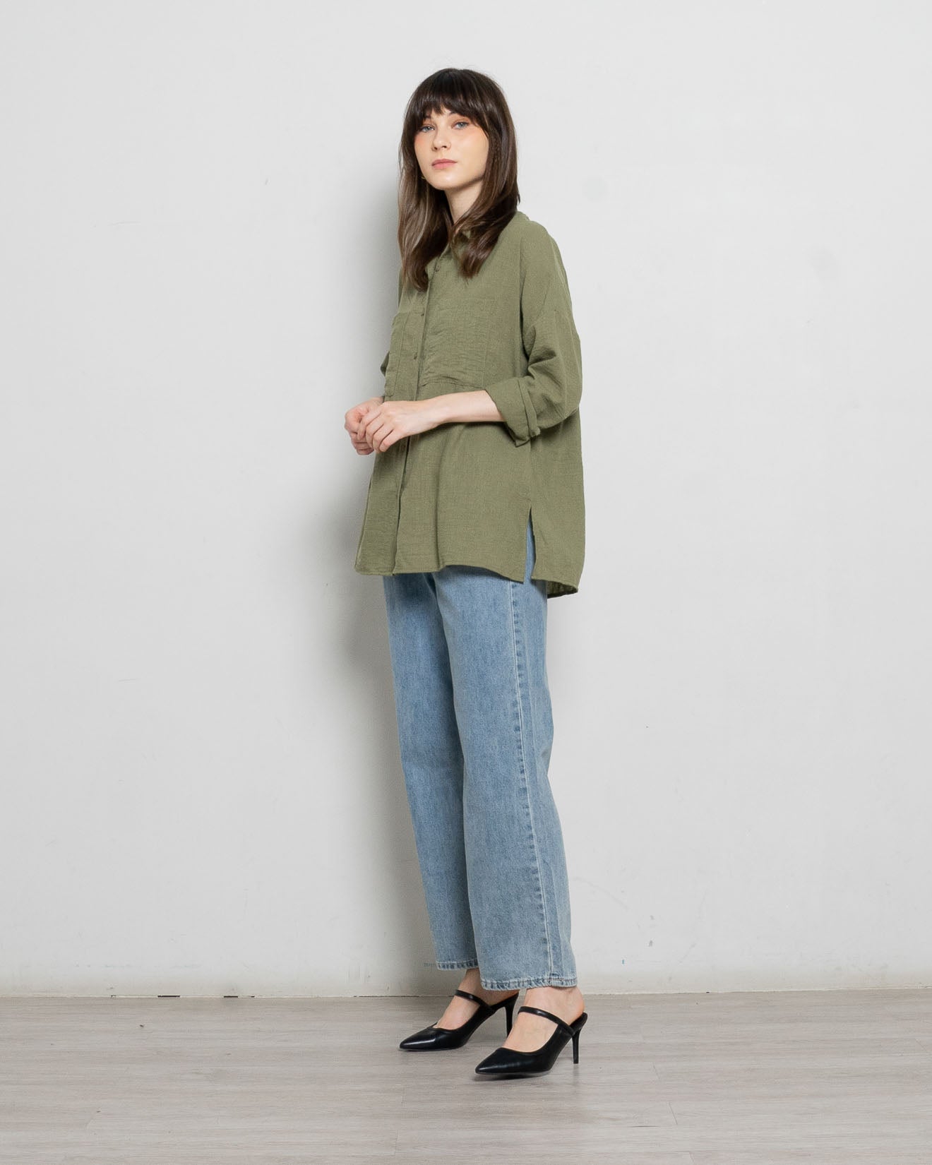 Xyra Oversized Linen Green Army Shirt – 186313