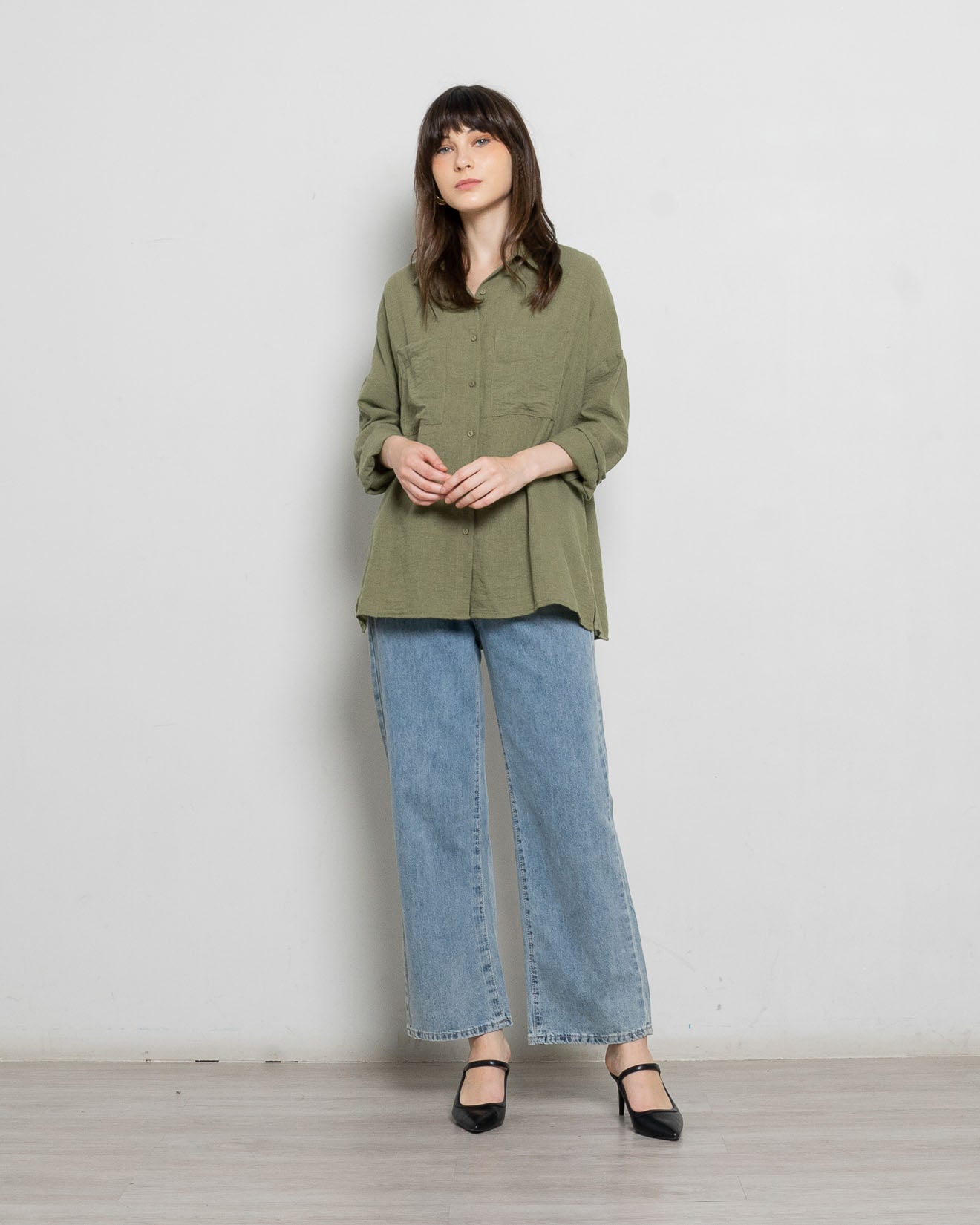 Xyra Oversized Linen Green Army Shirt – 186313