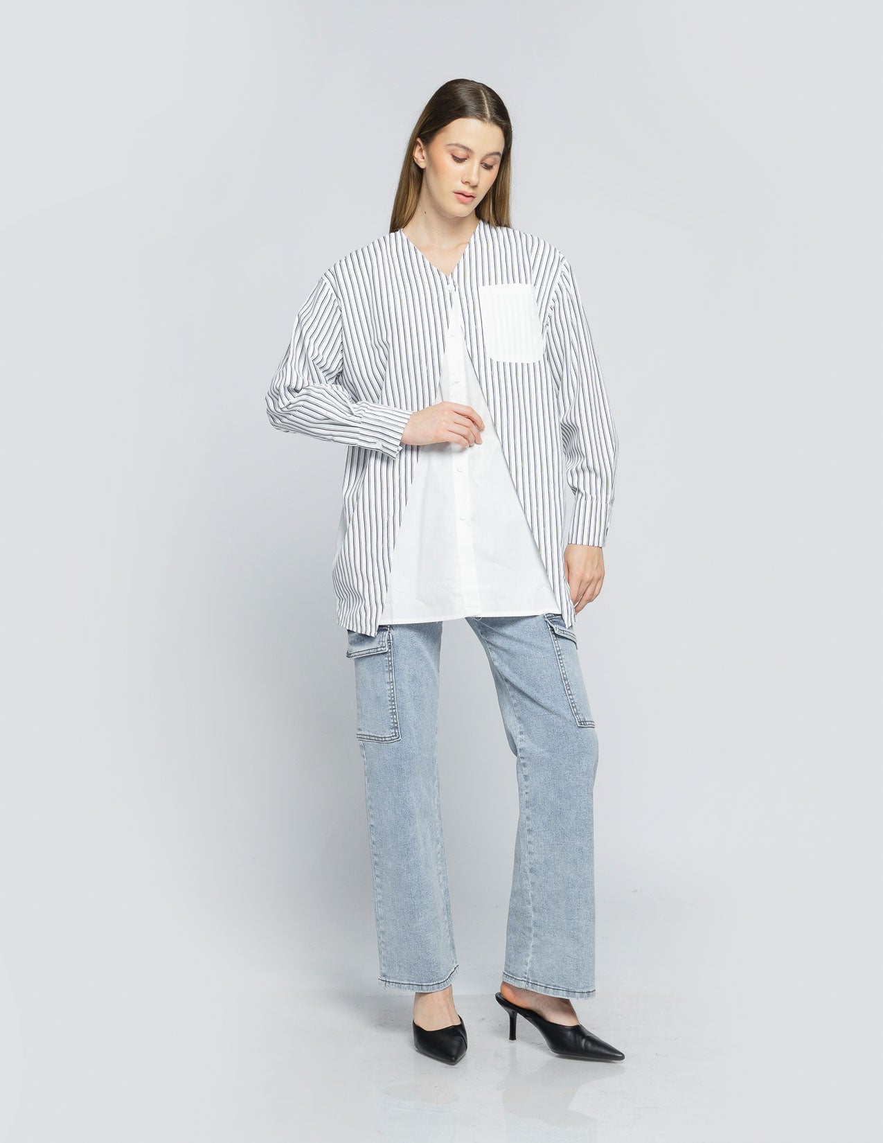 Malene Stripped Combination White Shirt - 187208