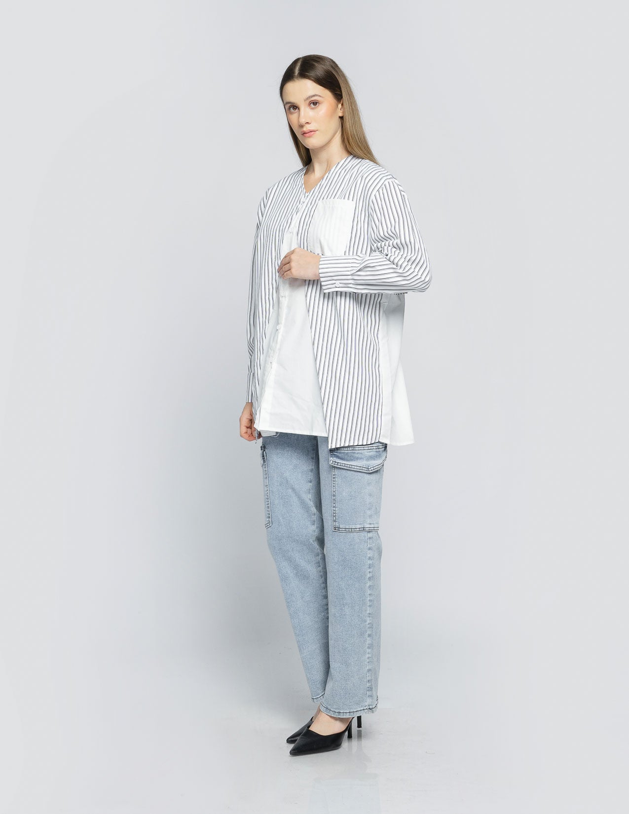 Malene Stripped Combination White Shirt - 187208