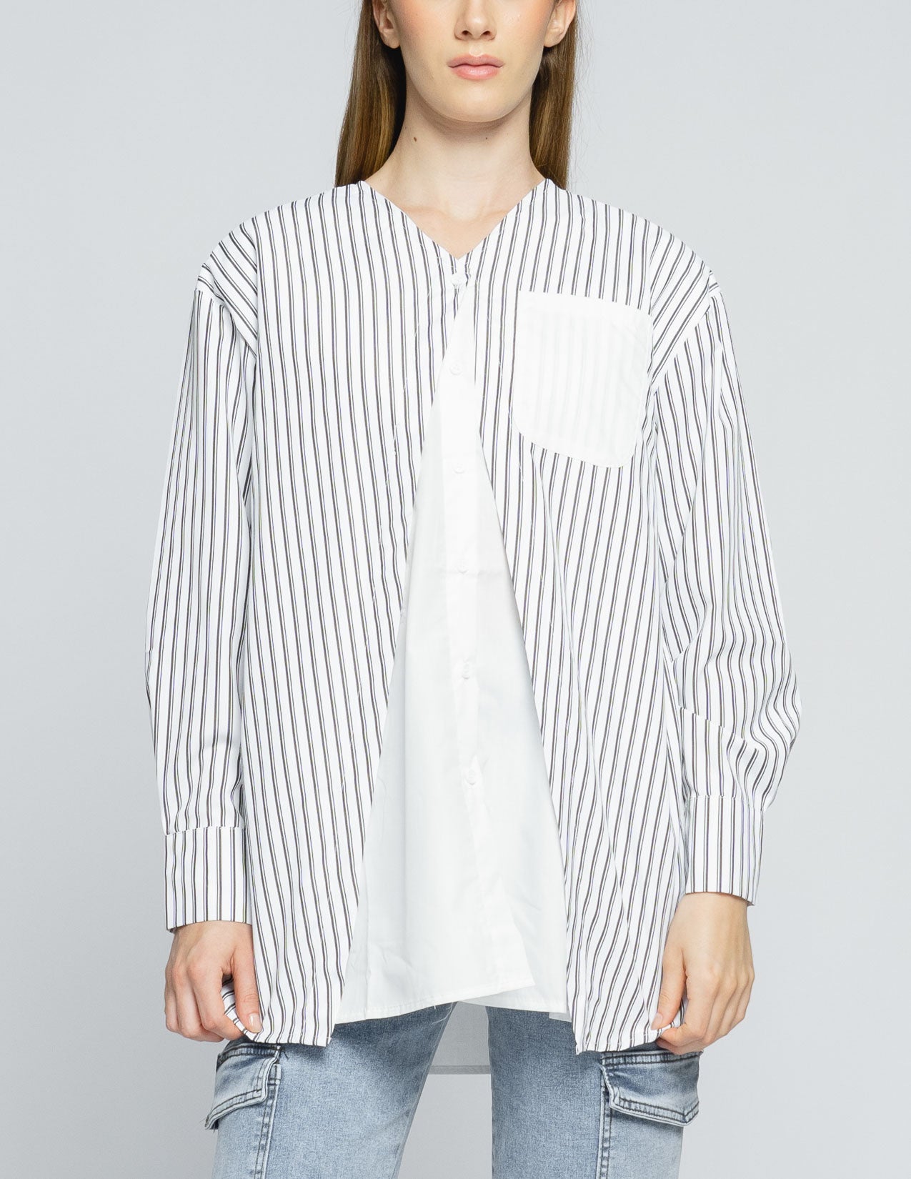 Malene Stripped Combination White Shirt - 187208