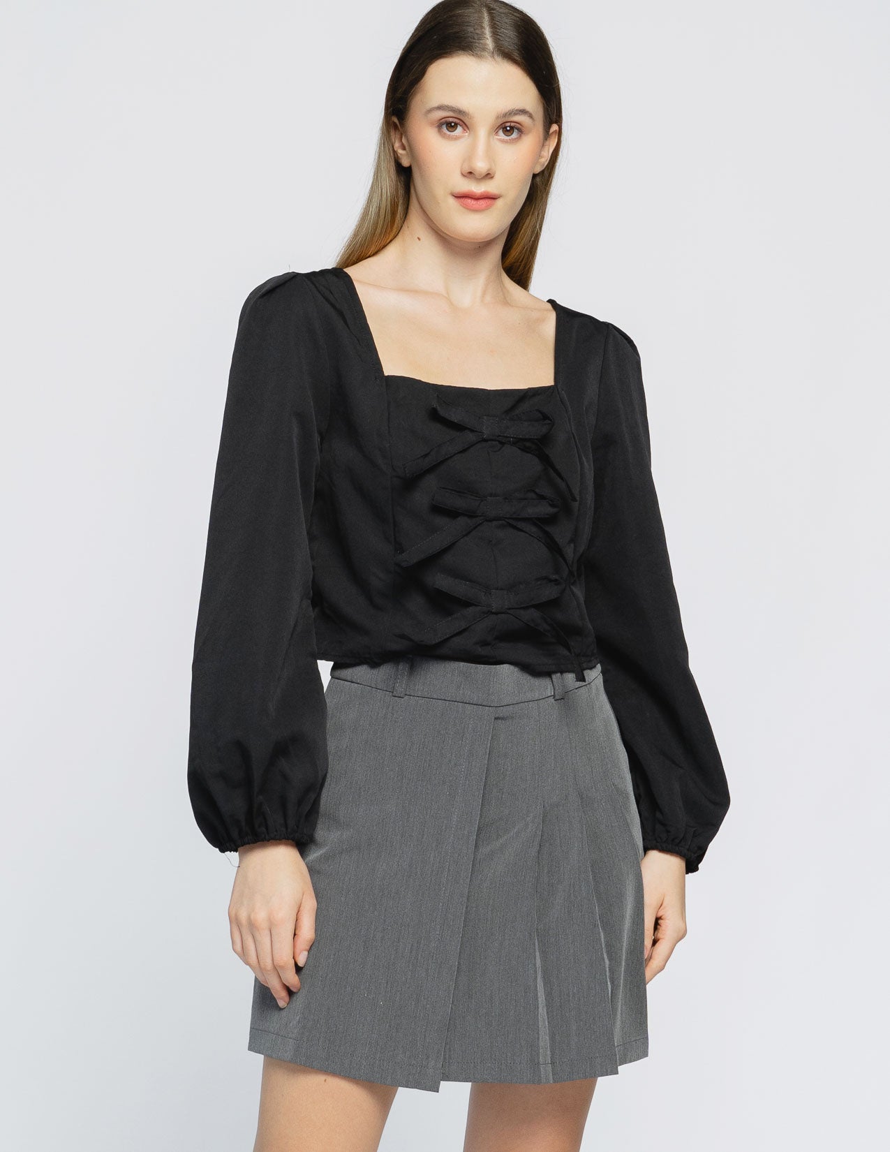 Yarina Puff Ribbon Tie Black Top - 187242