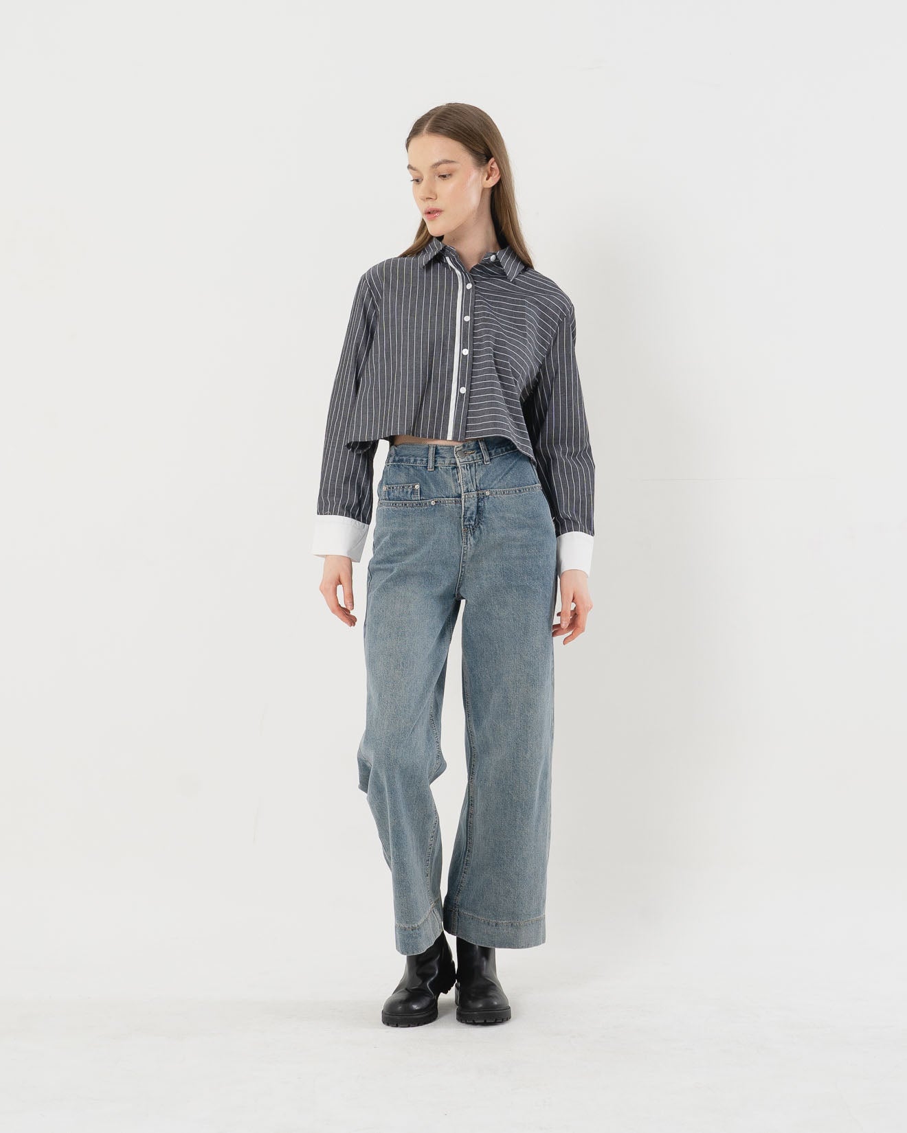 Sherry Stripped Crop Dark Grey Shirt - 187936