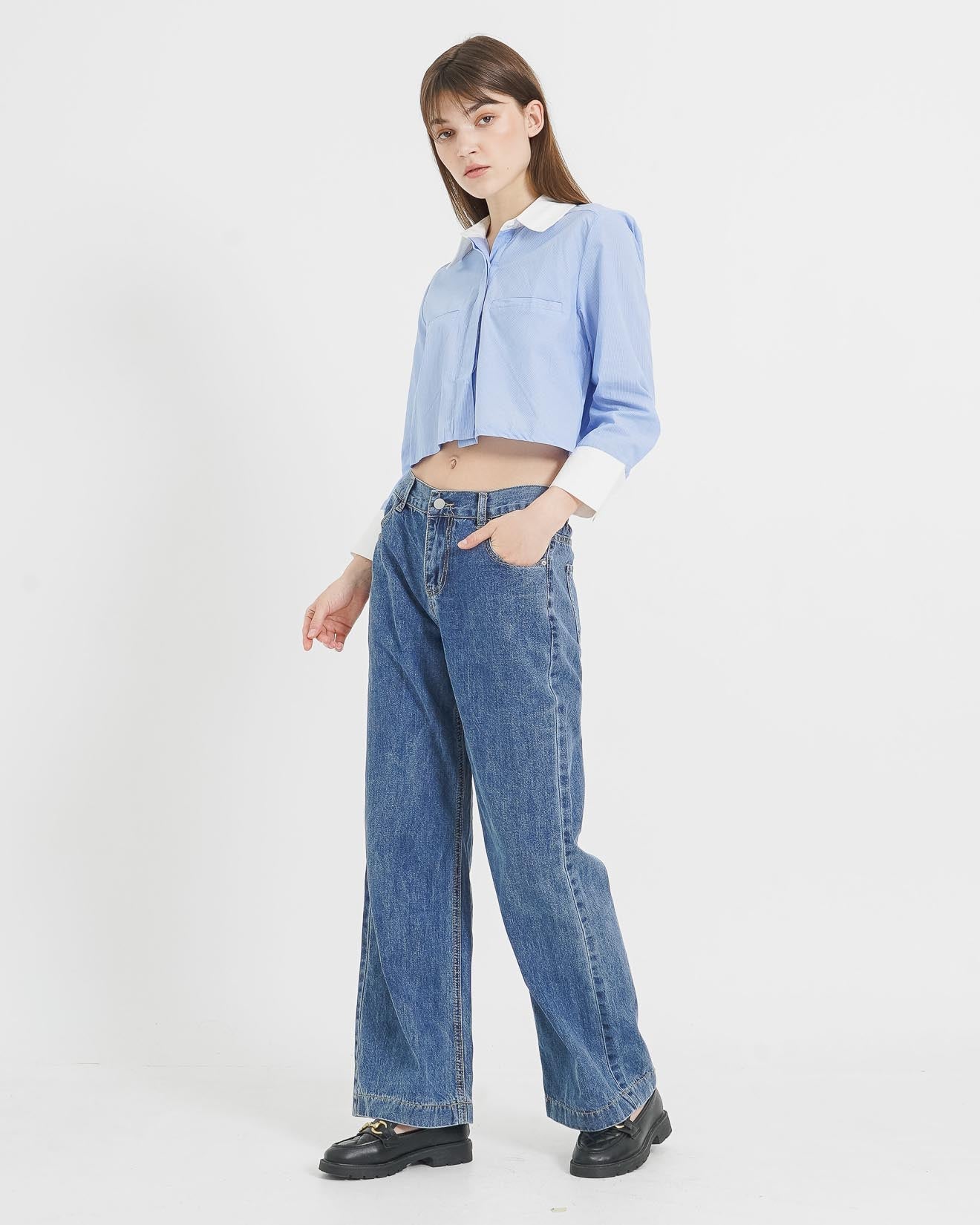 Paul Crop Stripped Shirt Blue - Atasan Casual Wanita - 188339