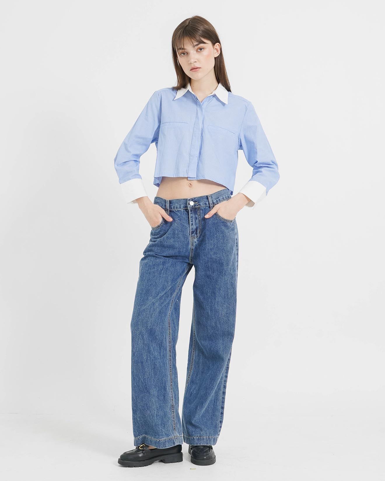 Paul Crop Stripped Shirt Blue - Atasan Casual Wanita - 188339