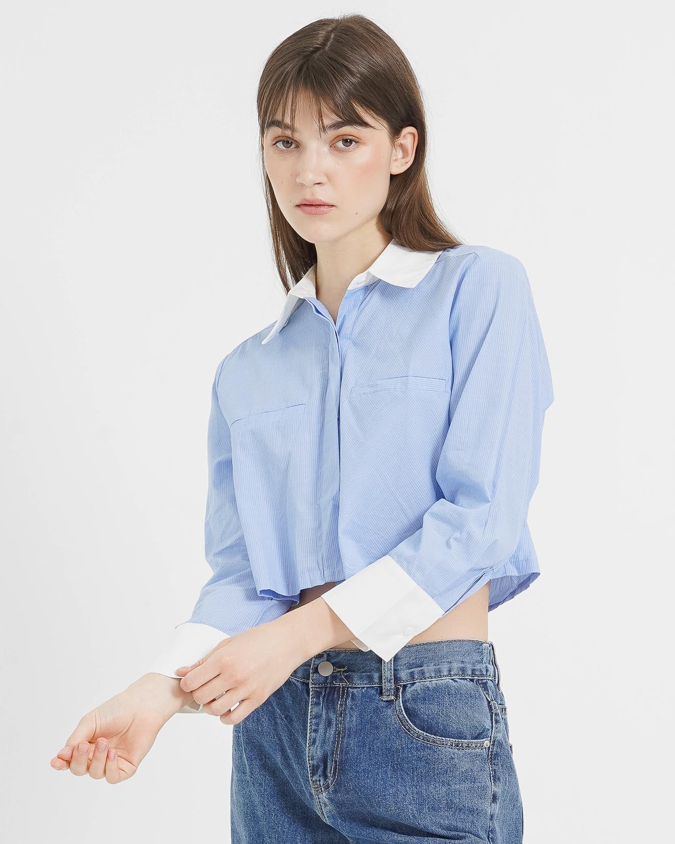 Paul Crop Stripped Shirt Blue - Atasan Casual Wanita - 188339