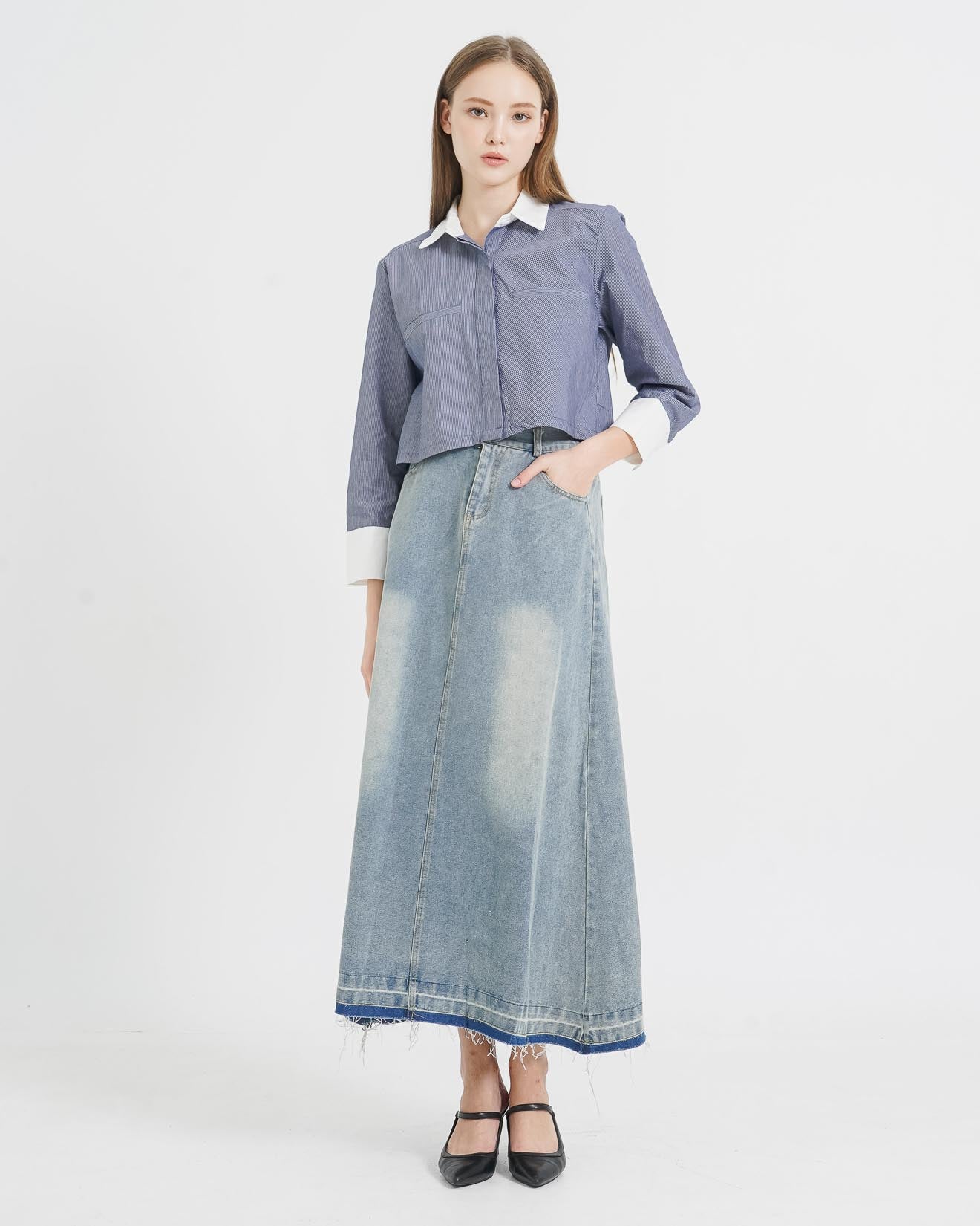 Paul Crop Stripped Shirt Grey - Atasan Casual Simpel - 188340