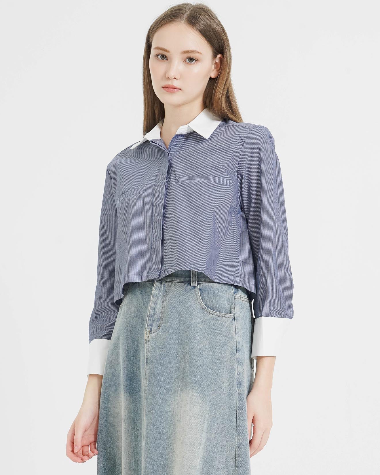 Paul Crop Stripped Shirt Grey - Atasan Casual Simpel - 188340