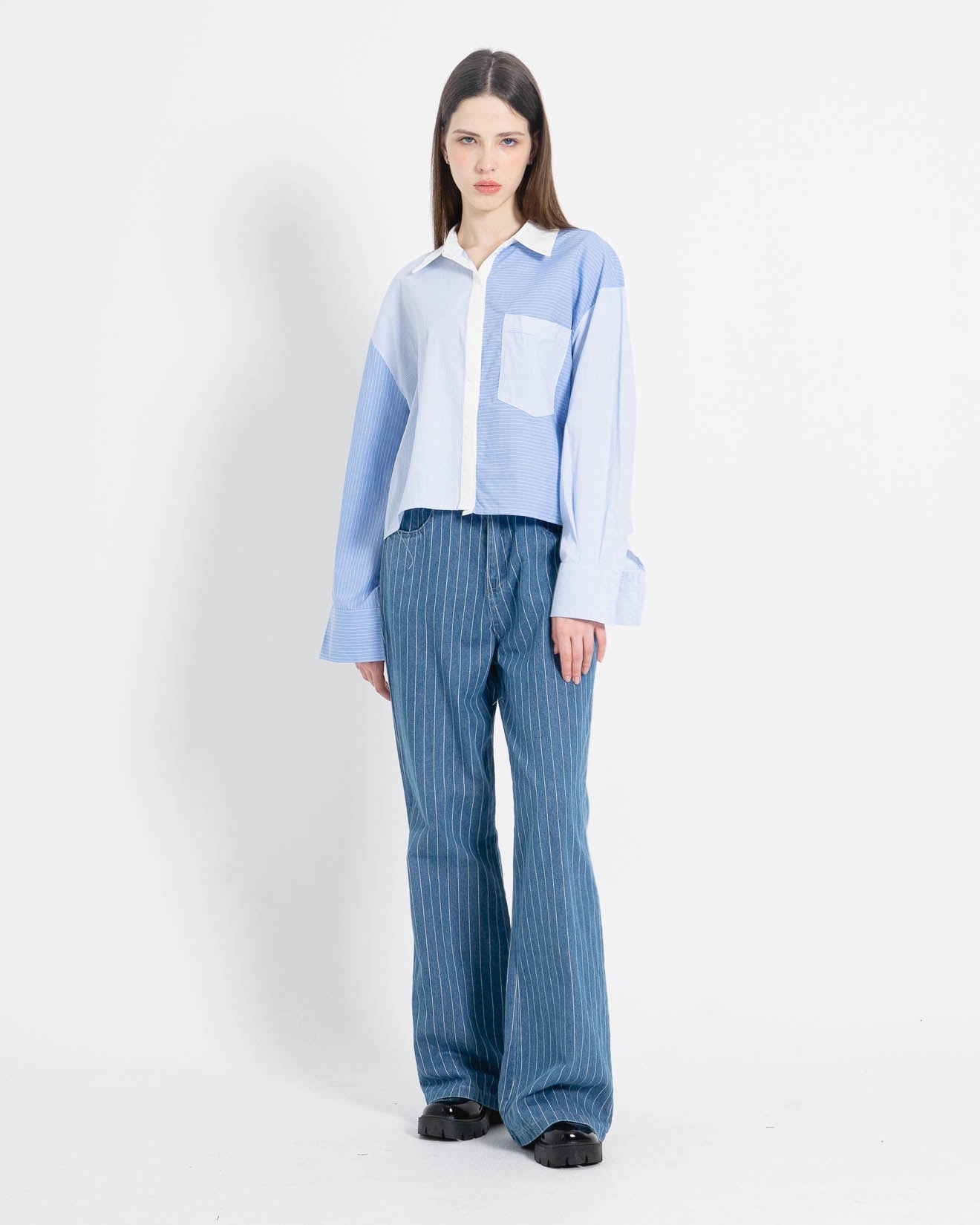 Lucia Crop Mixed Stripe Blue Shirt – Atasan Crop Lengan Panjang Wanita - 188413