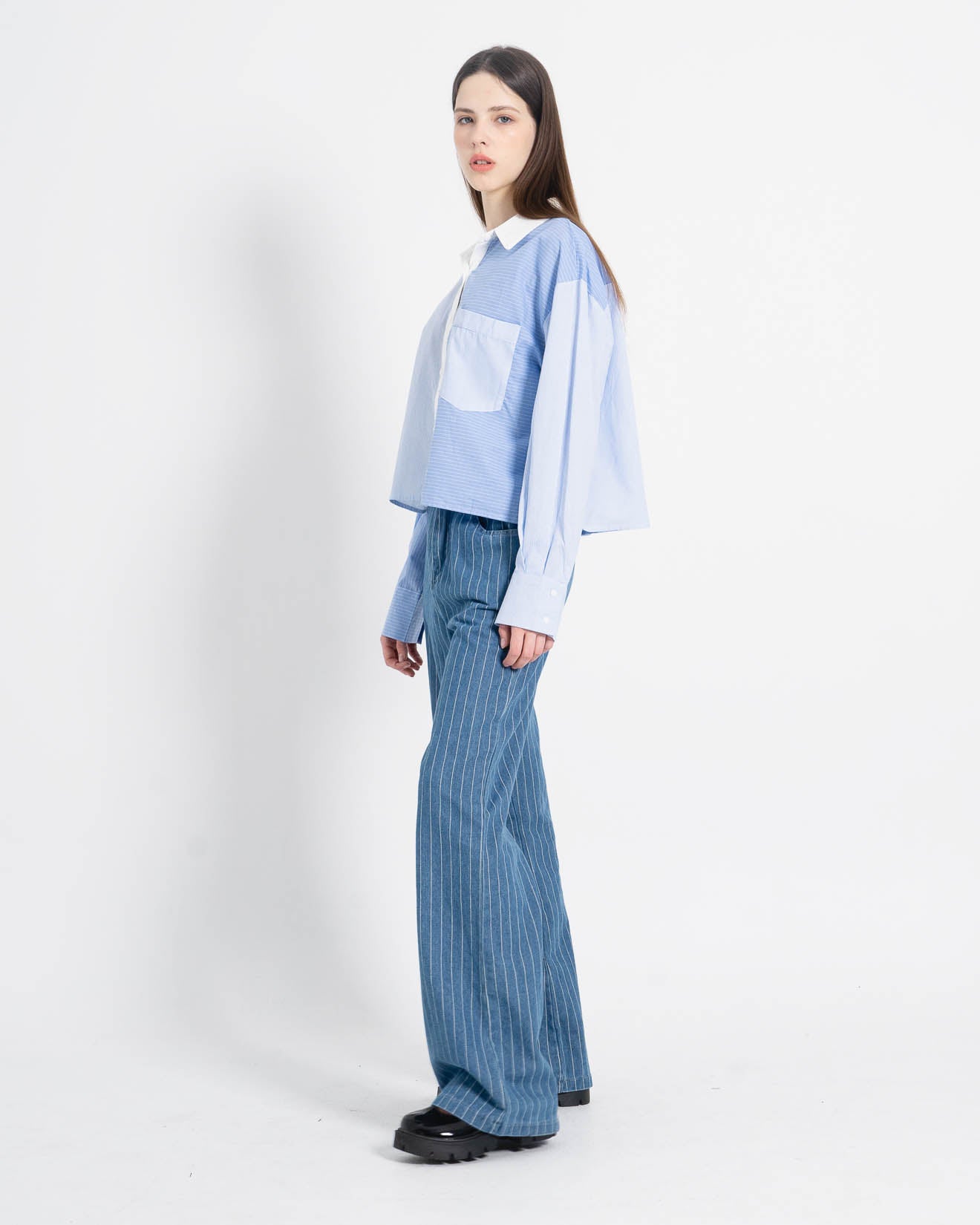 Lucia Crop Mixed Stripe Blue Shirt – Atasan Crop Lengan Panjang Wanita - 188413