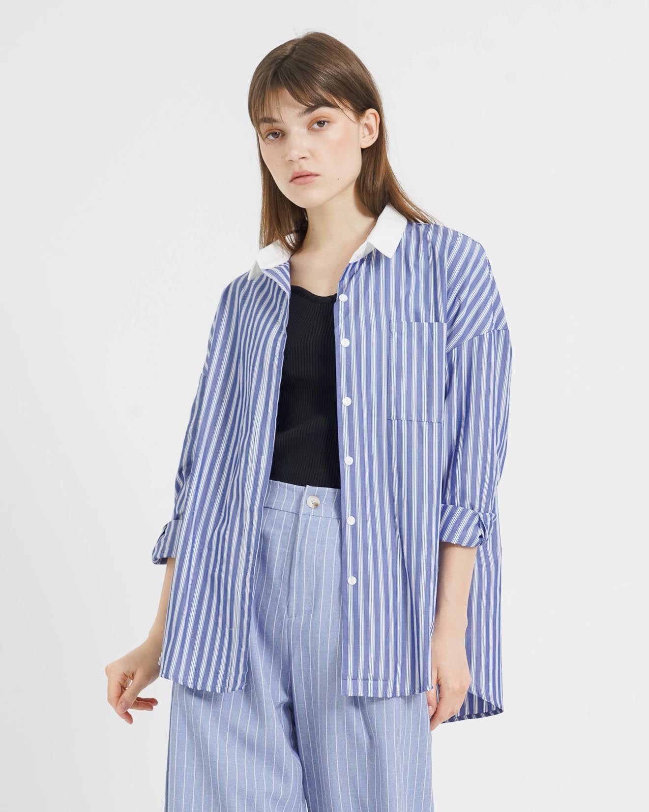 Nayeon White Collar Stripped Blue Shirt – Kemeja Wanita Kekinian - 188622