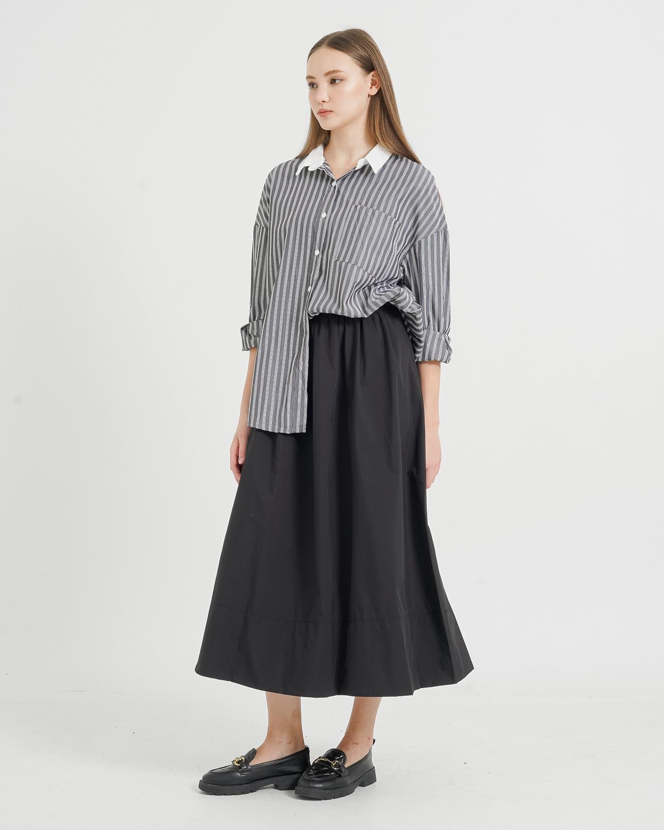 Nayeon White Collar Stripped Grey Shirt – Kemeja Wanita Lengan Panjang - 188623