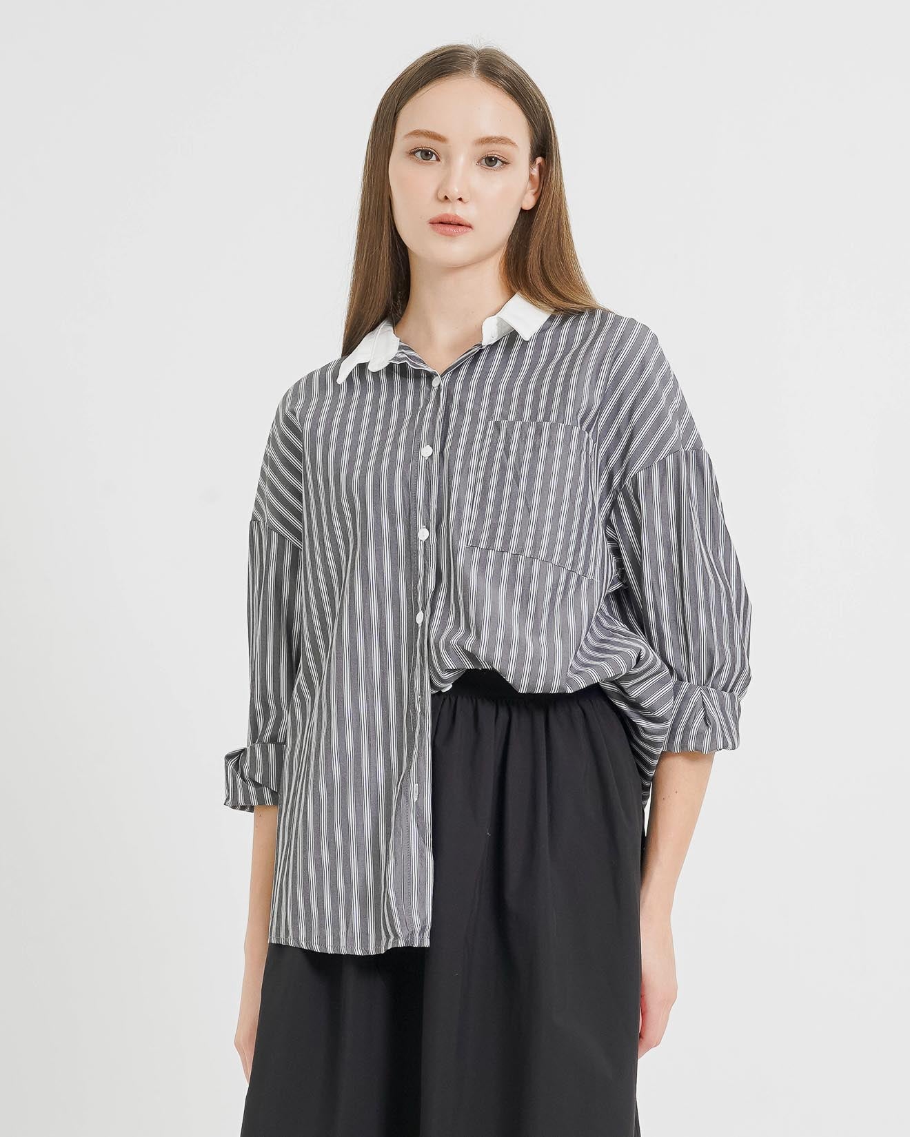 Nayeon White Collar Stripped Grey Shirt – Kemeja Wanita Lengan Panjang - 188623