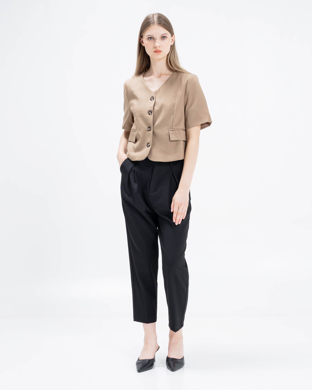 Janice Tailored Crop Brown Top – Atasan Wanita Lengan Pendek - 189216