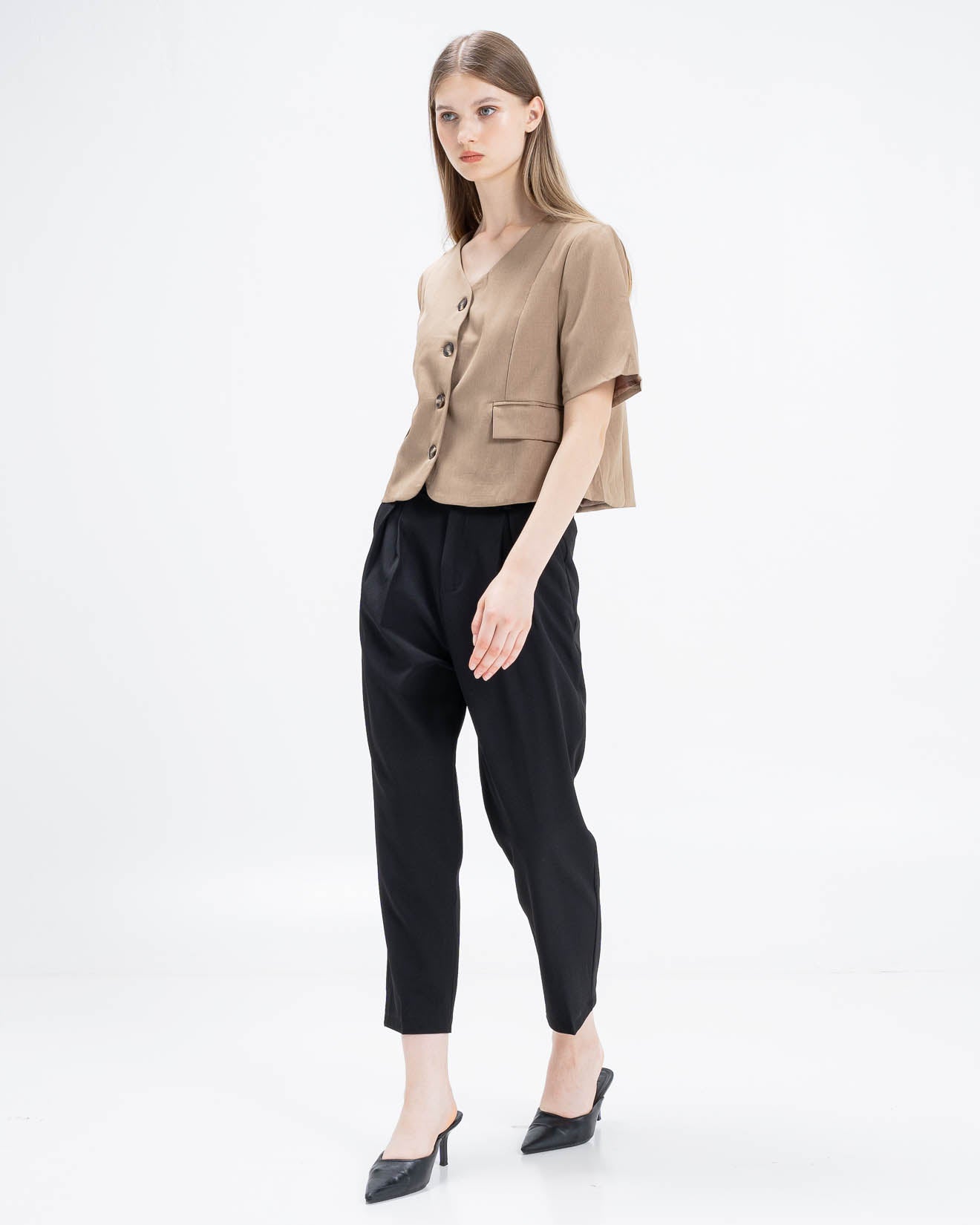 Janice Tailored Crop Brown Top – Atasan Wanita Lengan Pendek - 189216