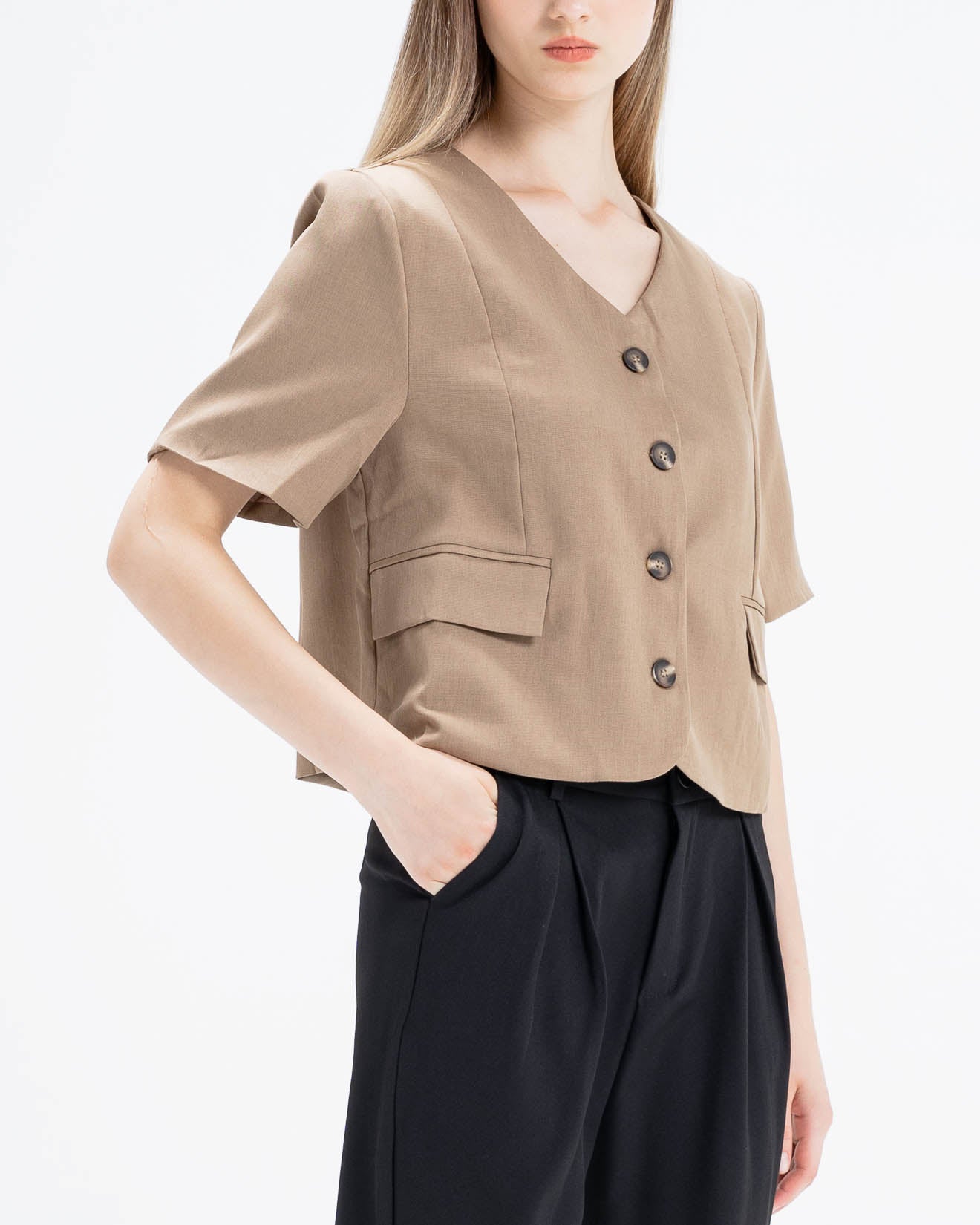 Janice Tailored Crop Brown Top – Atasan Wanita Lengan Pendek - 189216