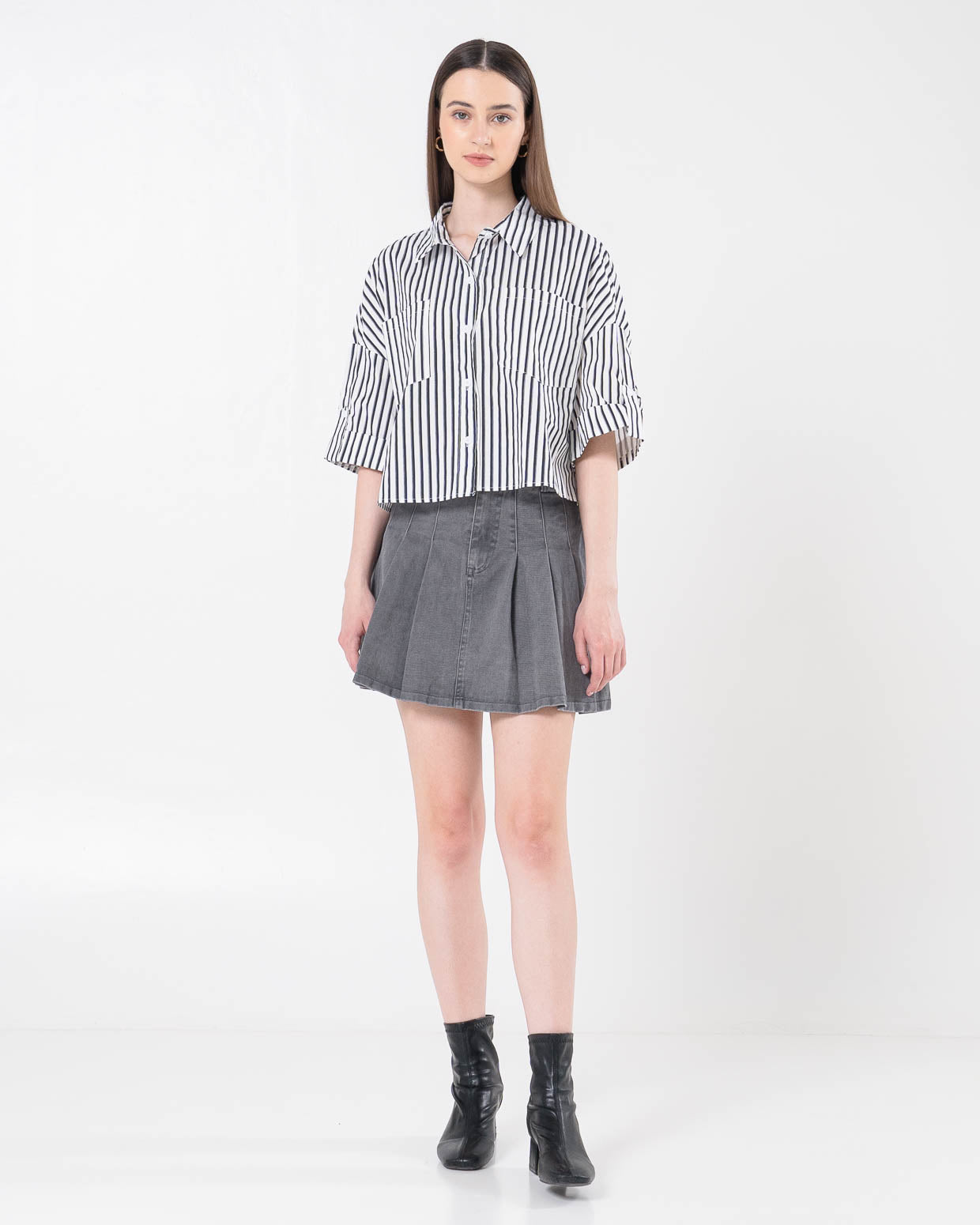 Alea Stripped Crop Navy Shirt  - Atasan Wanita Kekinian - 189228