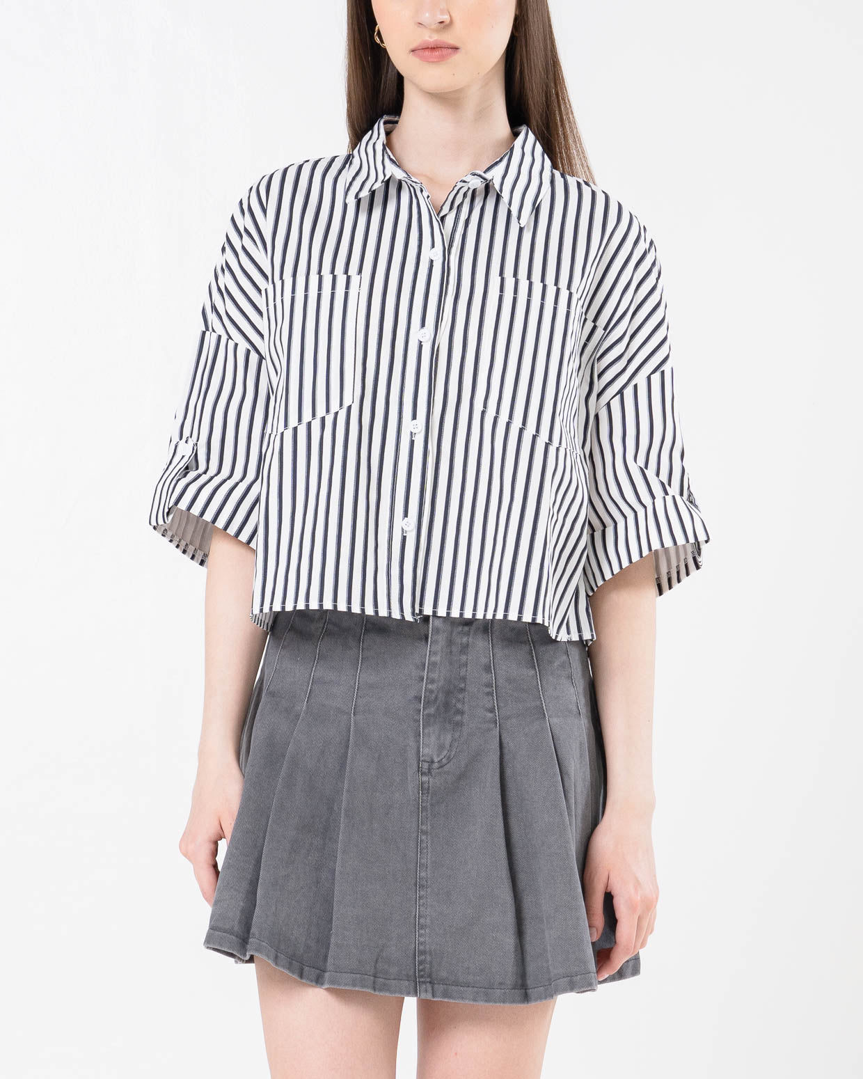 Alea Stripped Crop Navy Shirt  - Atasan Wanita Kekinian - 189228