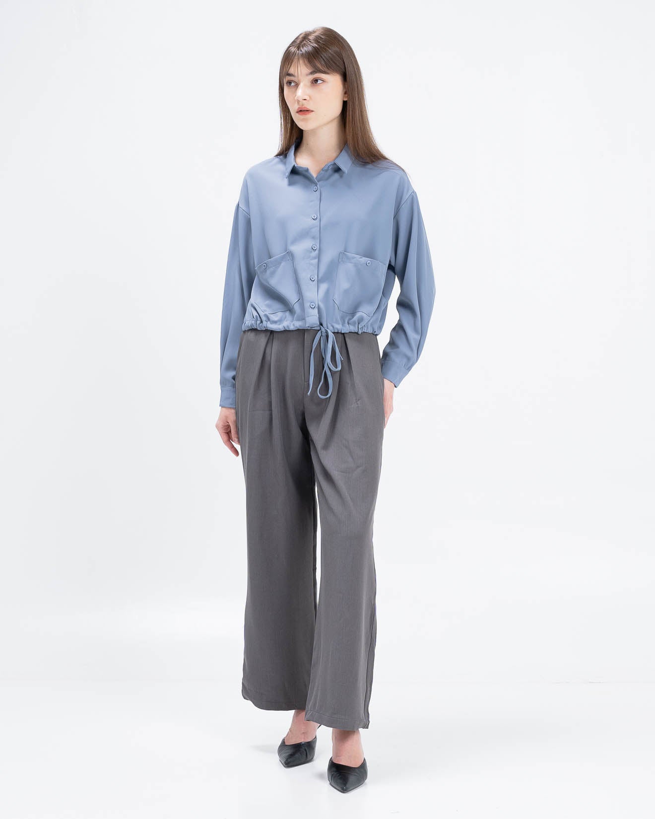 Charlie Cropped Blue Shirt – Atasan Wanita Lengan Panjang - 189235